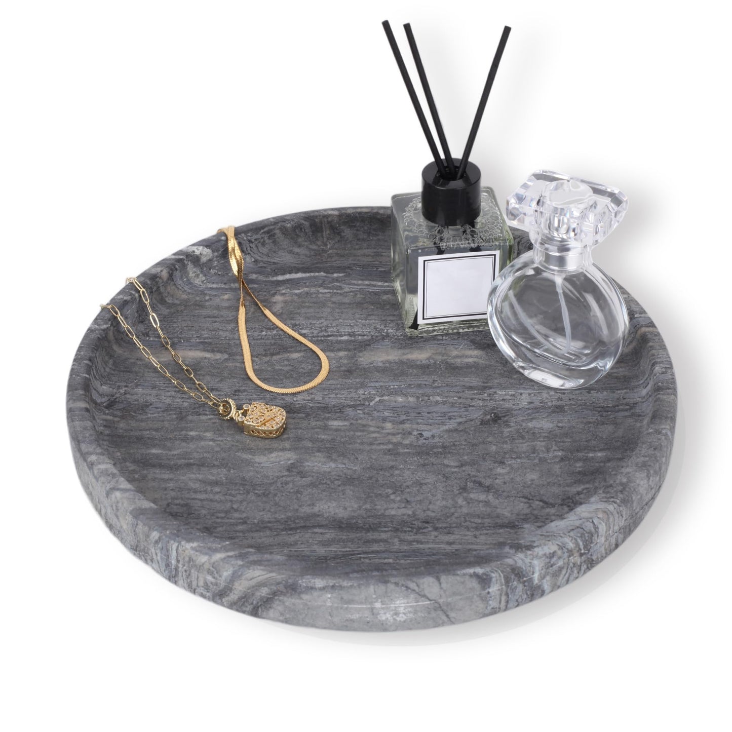 WORHE Natural Marble Vanity Tray for Bathroom Bedroom Kitchen Dresser, Round Decorative Trays for Jewelry, Perfume, Cosmetic, Candle, Countertop