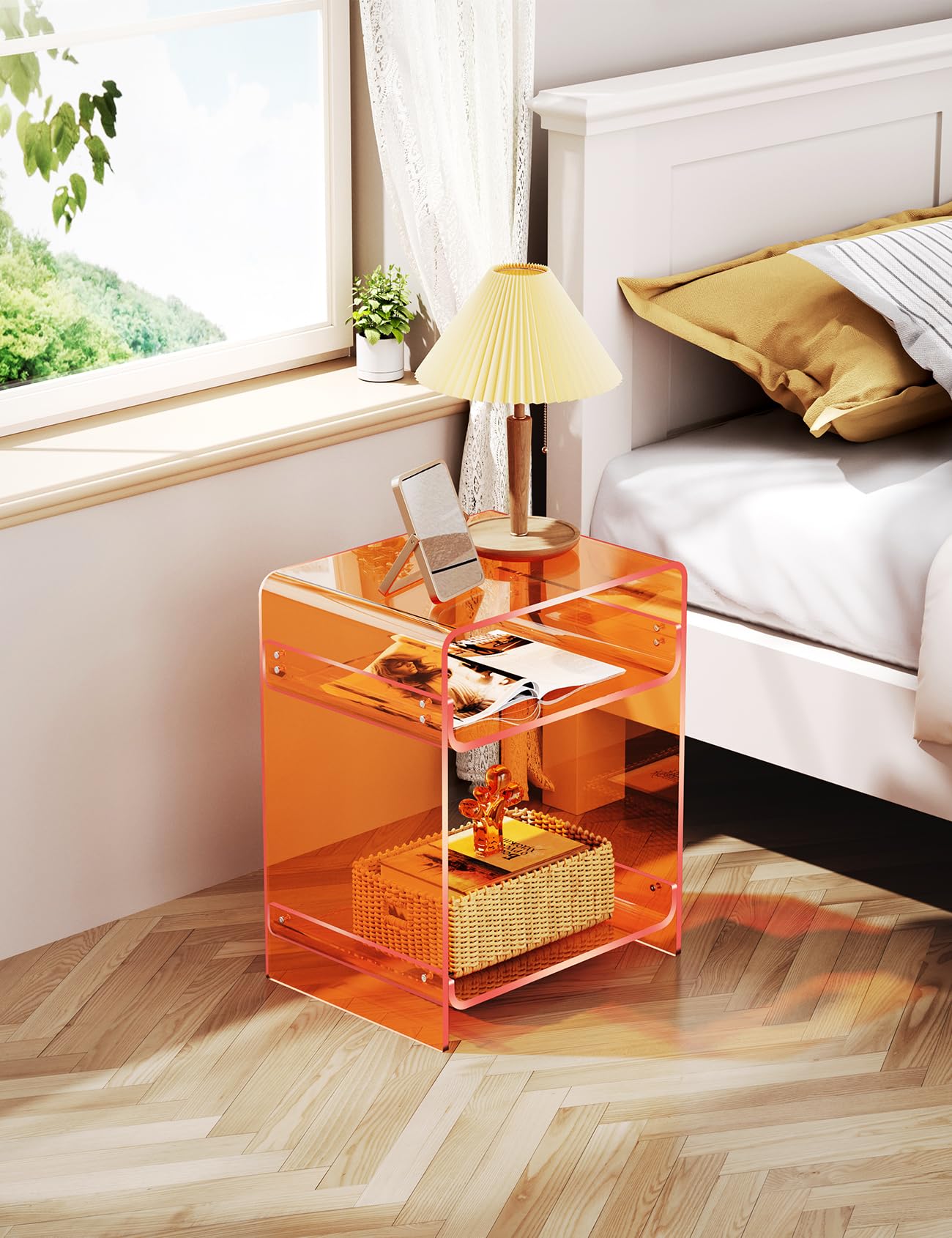 Acrylic End Table with Storage Shelf, Clear Side Table, Record Player Table, Nightstand, 15.7x19.7x11.8 (Orange, 40×30×50 cm)