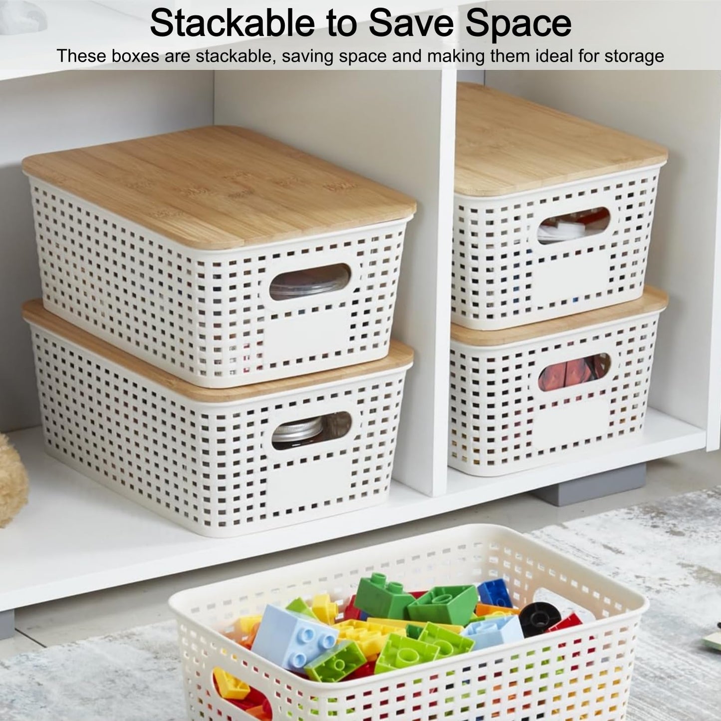 VIIHTYISA Plastic Storage Box with Bamboo Lid, Stackable Storage Baskets, Organizing Box for Shelves, Drawers, Desks, Cabinets, Playrooms and Offices