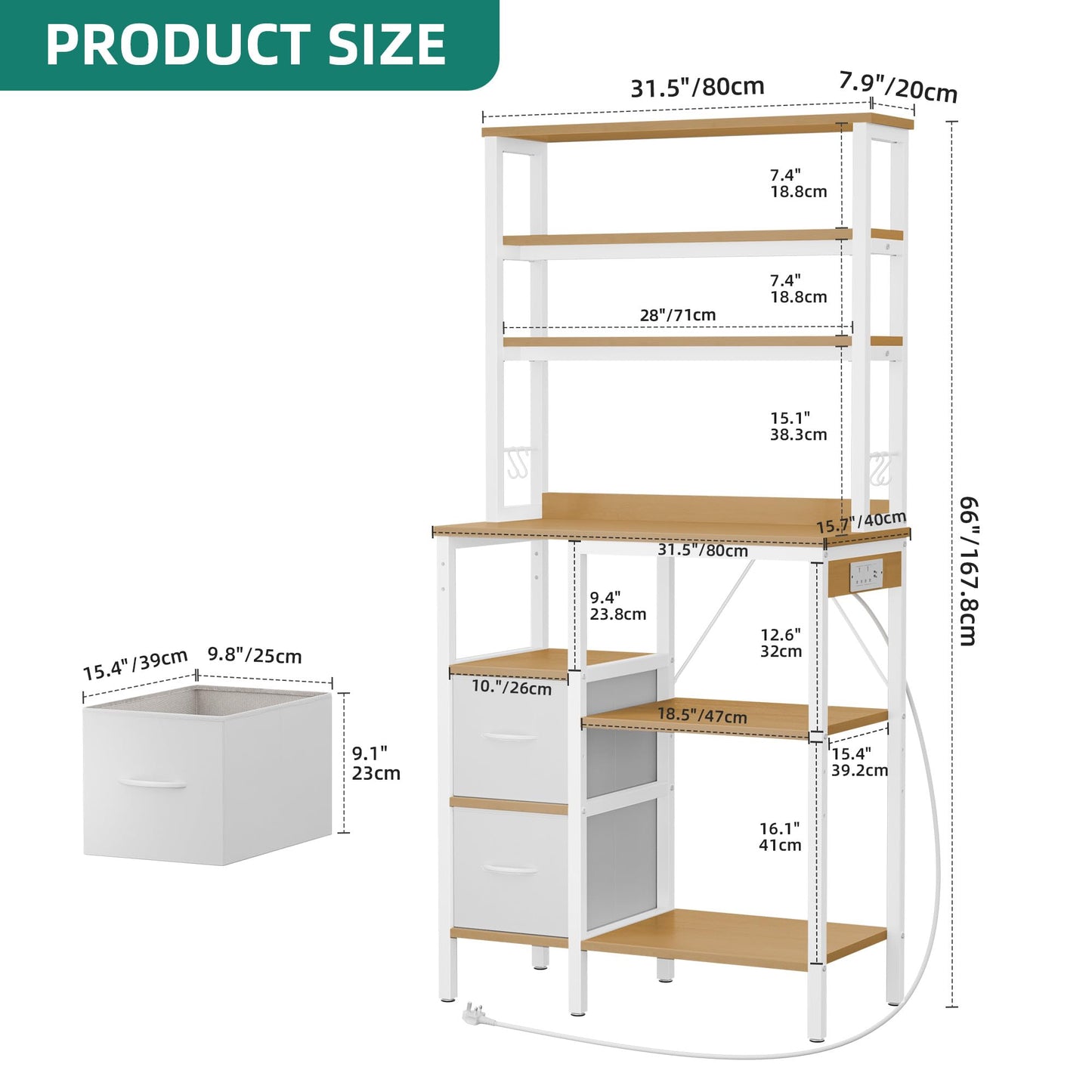 YITAHOME Kitchen Storage Rack with Power Outlet, 2 AC outlets 2 USB ports, Coffee Bar, Baker's Rack with 2 Drawers and 4 Hooks, microwave shelf