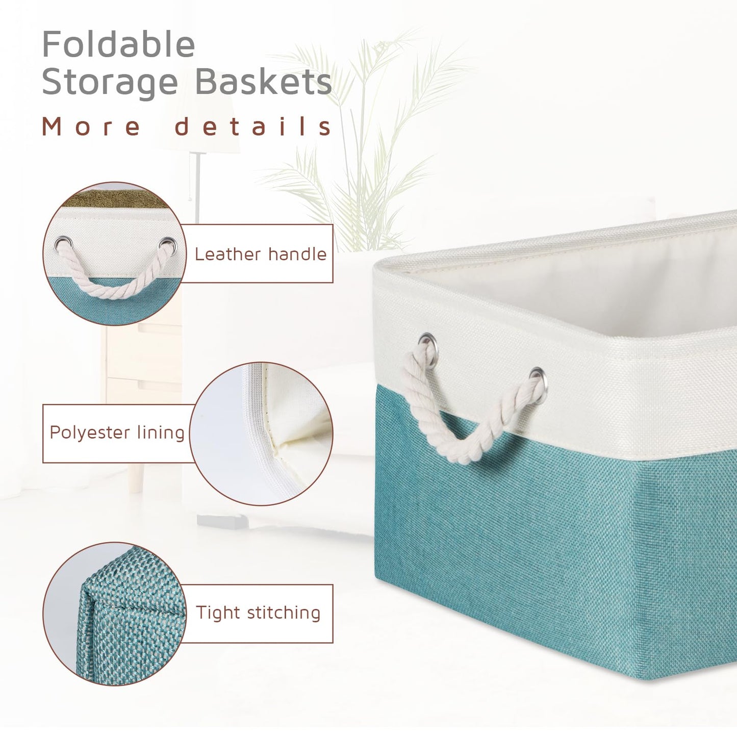 Syeeiex Storage Basket for Shelves [3-Pack], Storage Boxes with Handles, Large Fabric Storage Bins for Organizing Home and Office, White/Teal