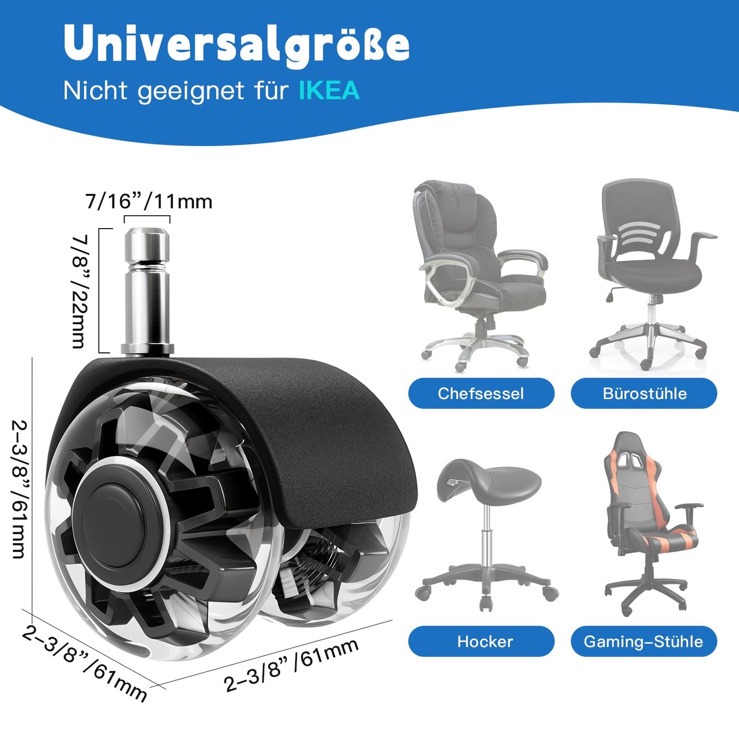 Replacement Office Chair Wheels (1000 kg) - 11 x 22 mm Wheels for Office Chairs, Smooth and Quiet Hard Floor Castors
