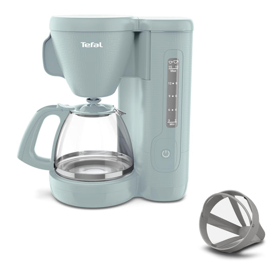 Tefal Morning Filter Coffee Maker - Eucalyptus, 1.25L Capacity, Permanent Reusable Filter, Drip-Stop System, Keep-Warm Function, Easy Fill Water Tank,