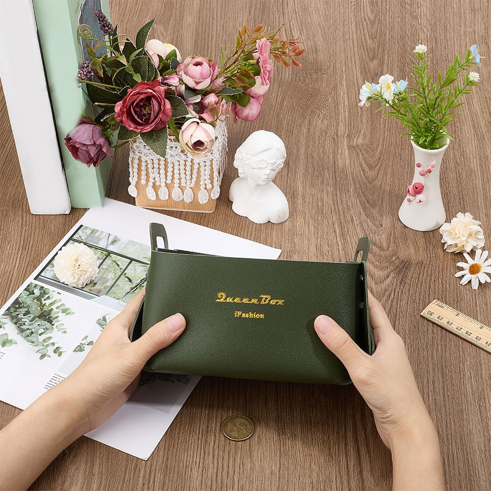 BEAMARKER Foldable Storage Basket Bin PU Leather Desktop Organizer Box Green Small Catchall Basket Rectangle Tray Double Handles for Entryway Bedside