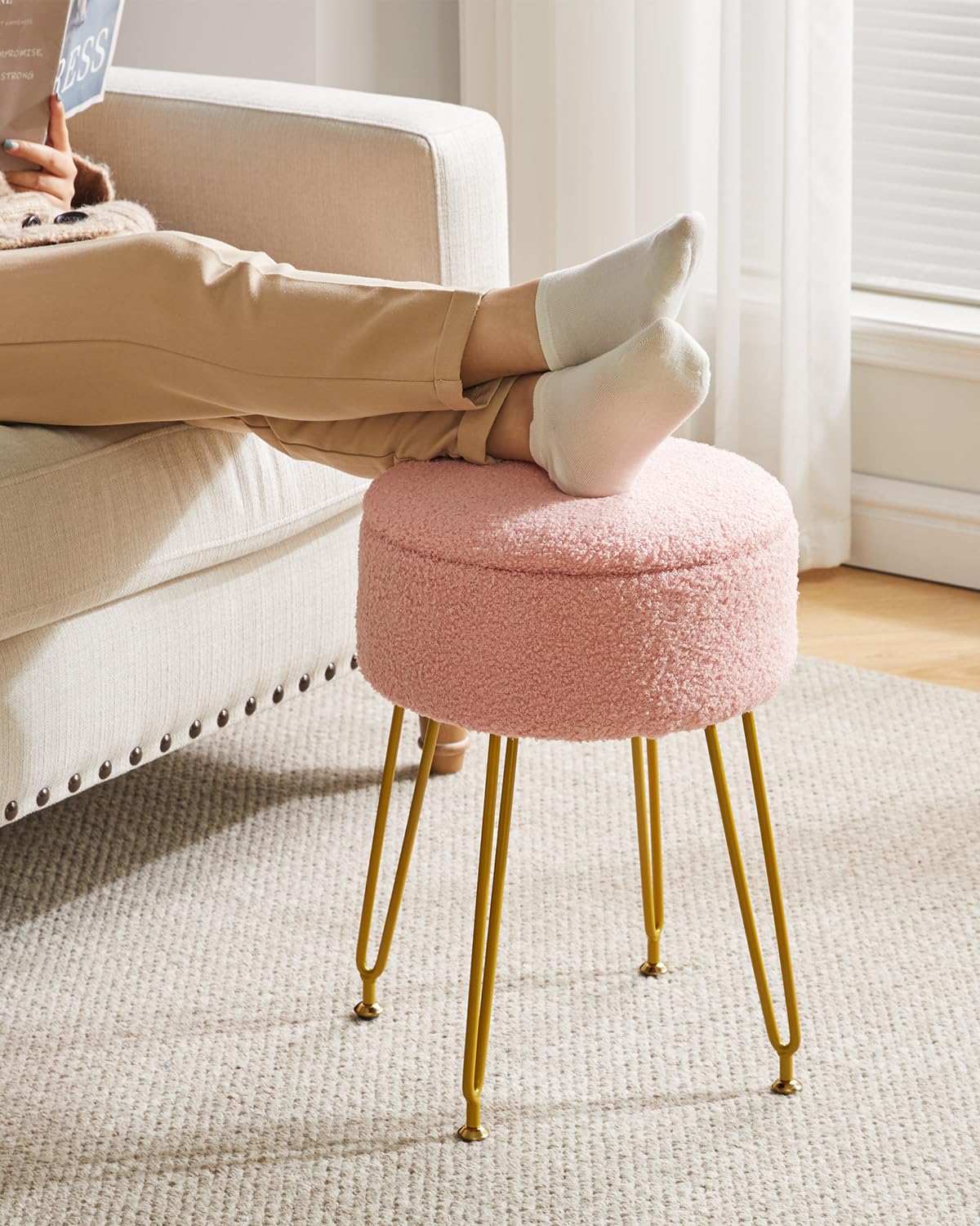 IBUYKE Makeup Vanity Stool, Teddy Velvet Storage Ottoman, Pink WBD010P