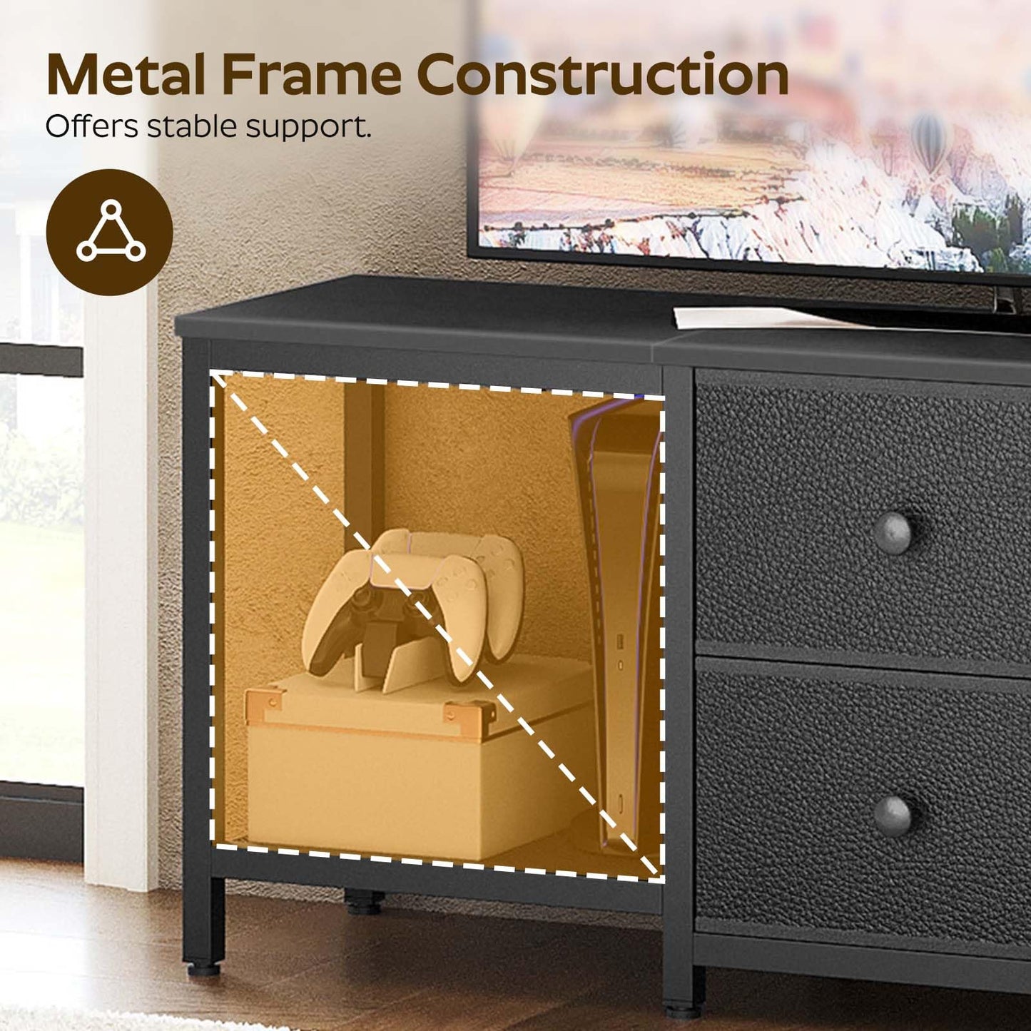 YATINEY TV Stand Cabinet for TVs up to 55'', Media Console with Shelves and 2 Drawers, Metal Frame, for Living Room, Bedroom, 120 x 30 x 50 cm