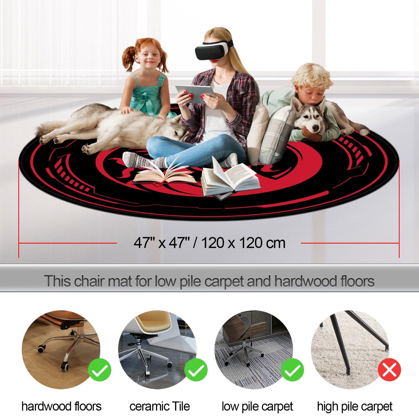 Raoot Office Chair Mat for Carpeted and Hardwood Floor Gaming Chair Mat 120 cm Round Floor Mats for Gaming Room Home Office