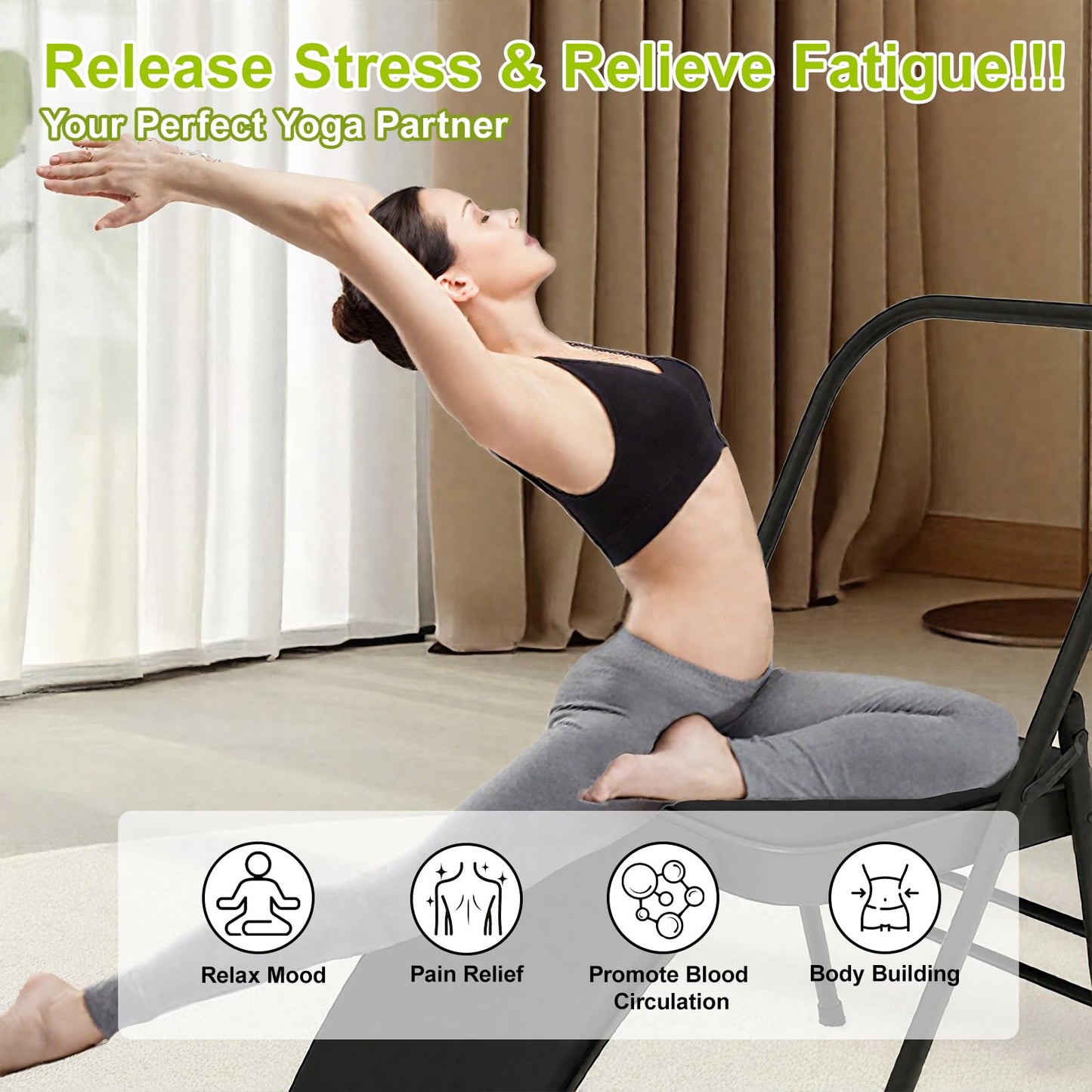 YUZINO Folding Chair Yoga Auxiliary Chair, PU Leather Padded Seat with Waist Support & Metal Steel Frame