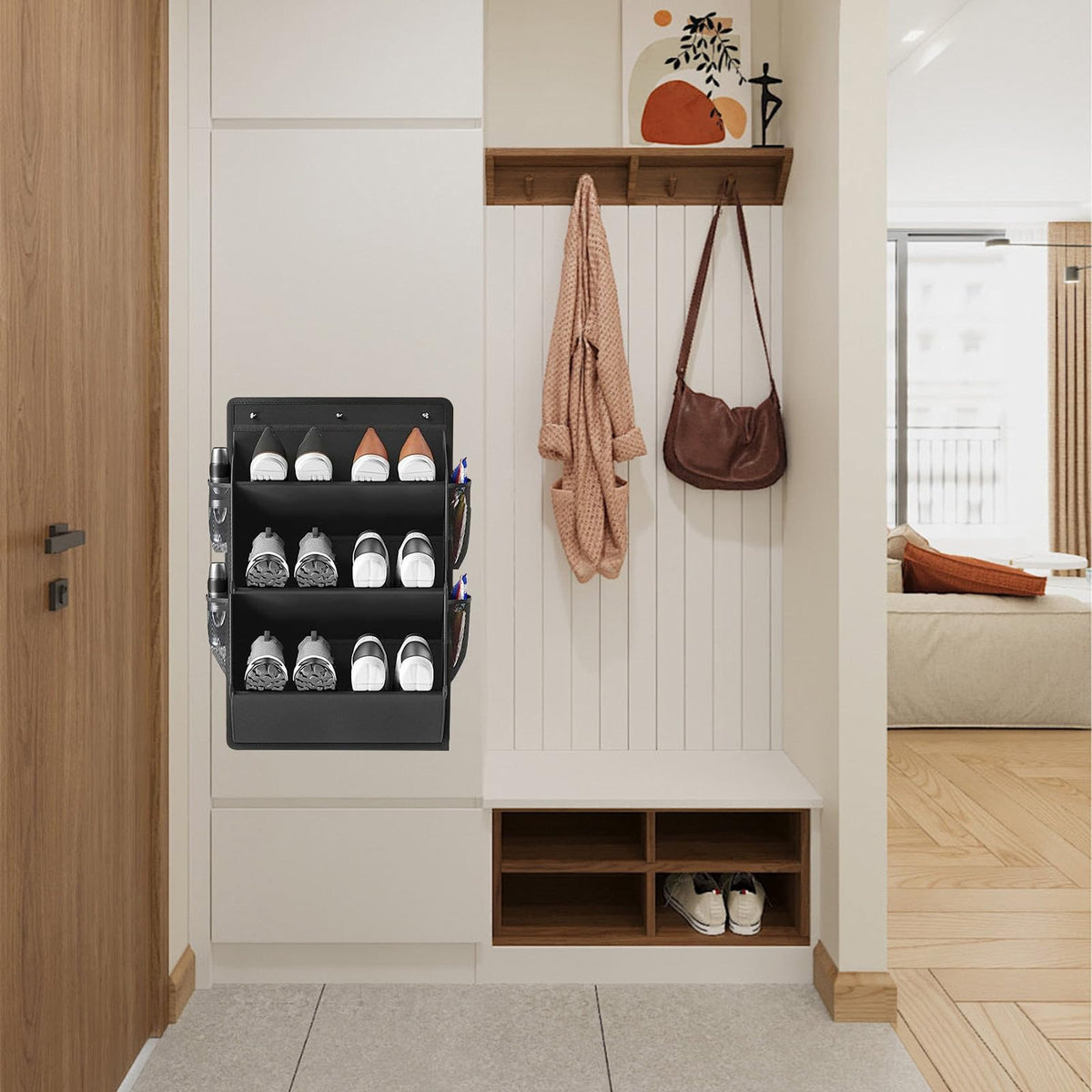 Godneei Hanging Shoe Storage with 3 Large Compartments & 4 Mesh Pockets, Over Door Storage Organizer for RV, Space-Saving Black
