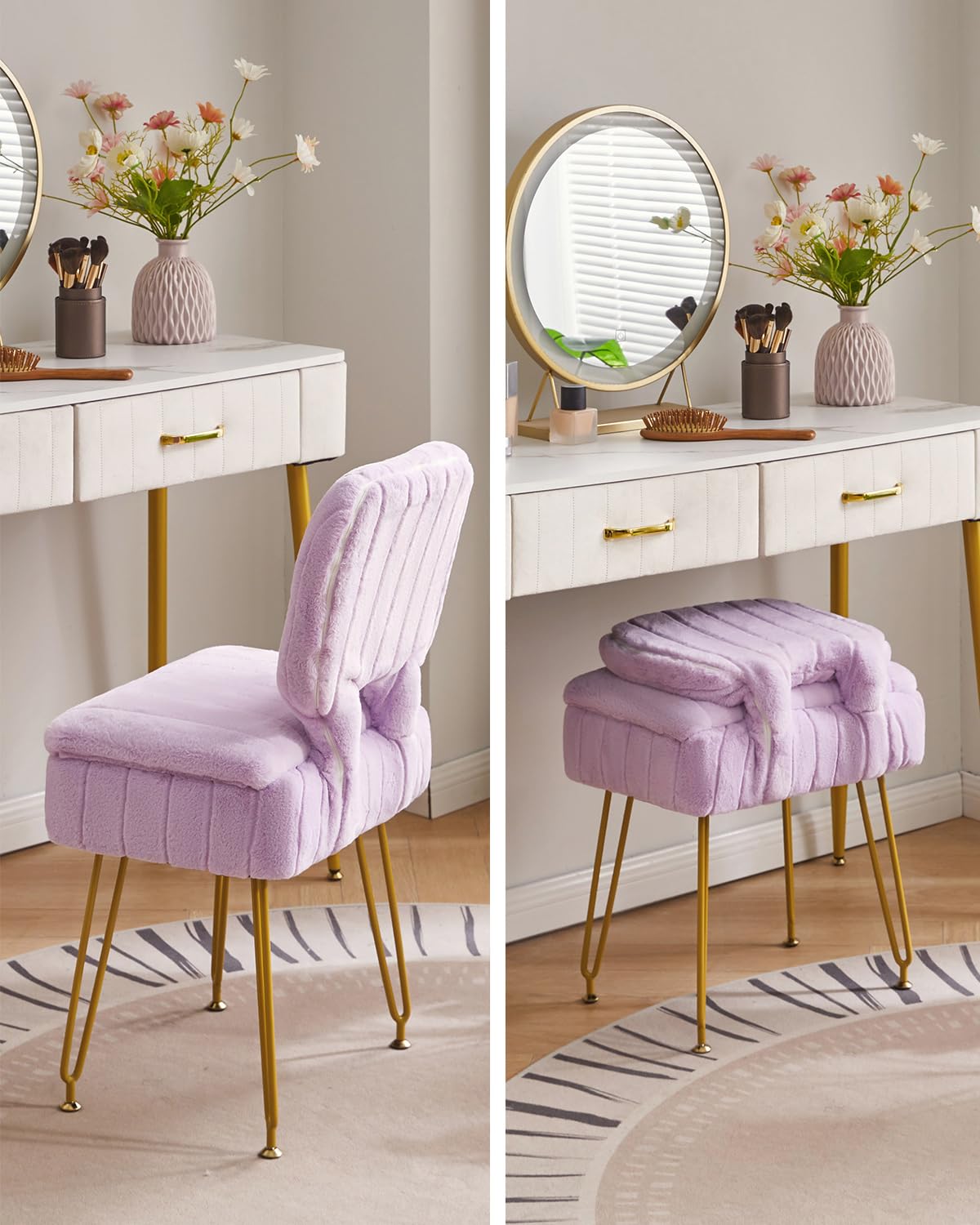 IBUYKE Vanity Stool with Storage, Folding Back Makeup Chair, Purple WBD030V
