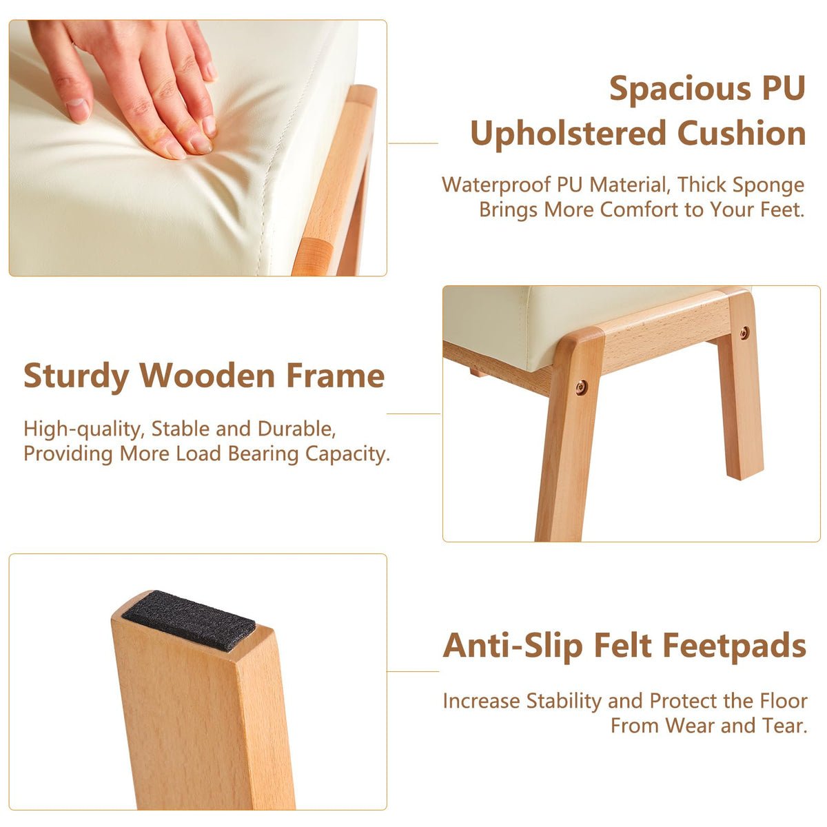 IBUYKE 10.2” H Small Foot Stool Ottoman, Rectangle PU Faux Leather Foot Rest with Padded Seat and Wood Legs