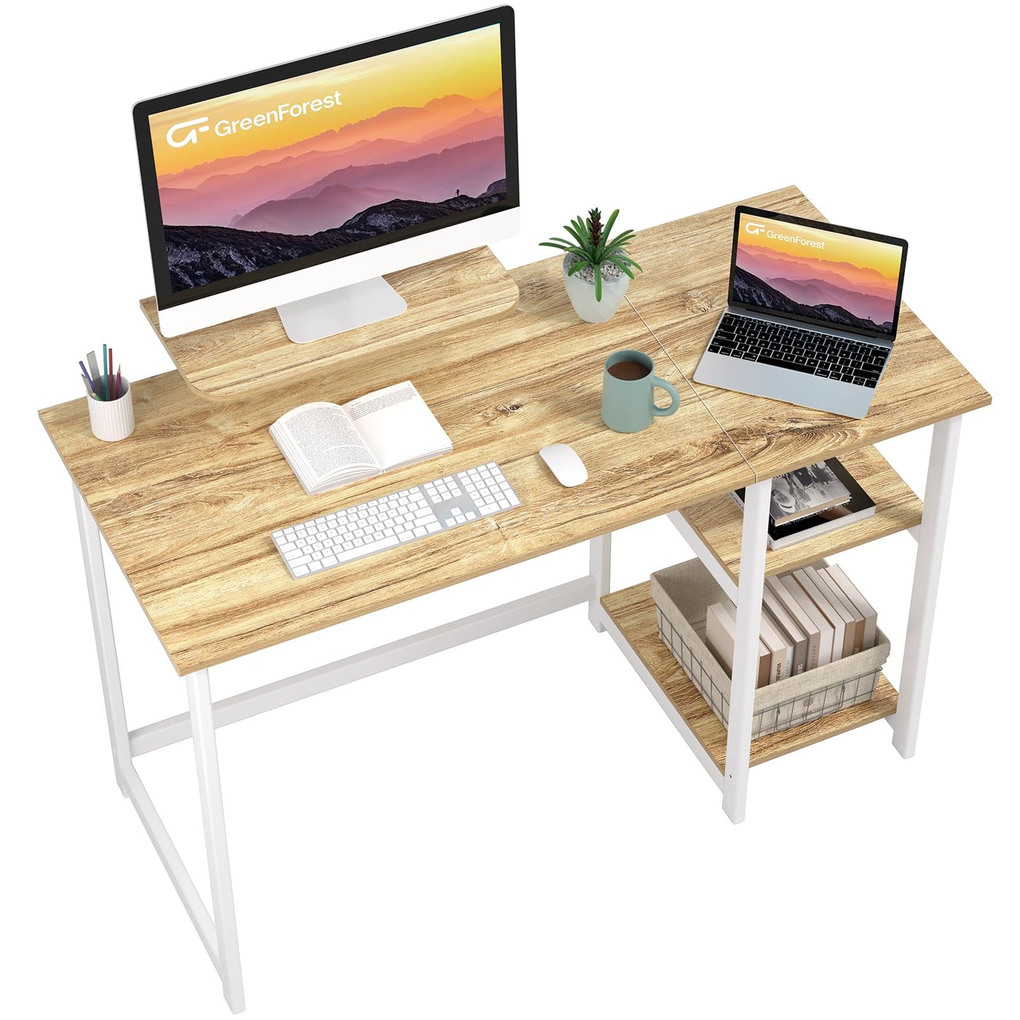 GreenForest Office Desk 120cm with Monitor Stand, Oak