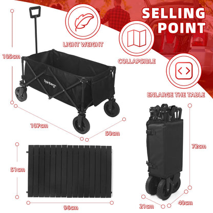 Rainberg Folding Trolley on Wheels & Table on Top Cart with Adjustable Handle & Cover Bag, Foldable Wagon for Outdoor Camping, Picnic, Shopping 120KG