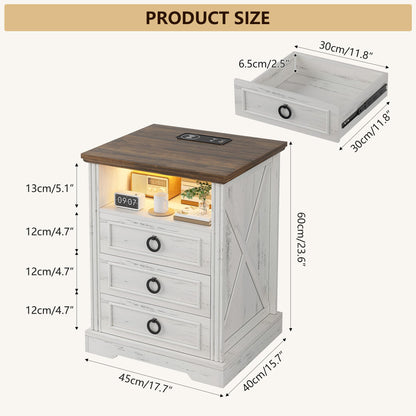 FREDEES LED Bedside Table with Charging Station, White