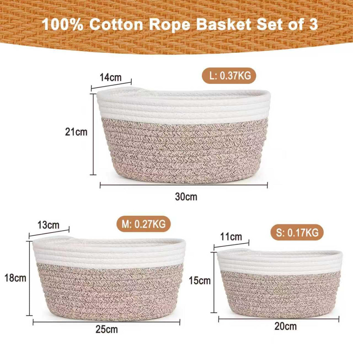 Purecas Braided Cotton Rope Storage Baskets 3-Piece Set Stackable Organiser Baskets for Nursery Changing Table Living Room & BathroomBrown 3 Size