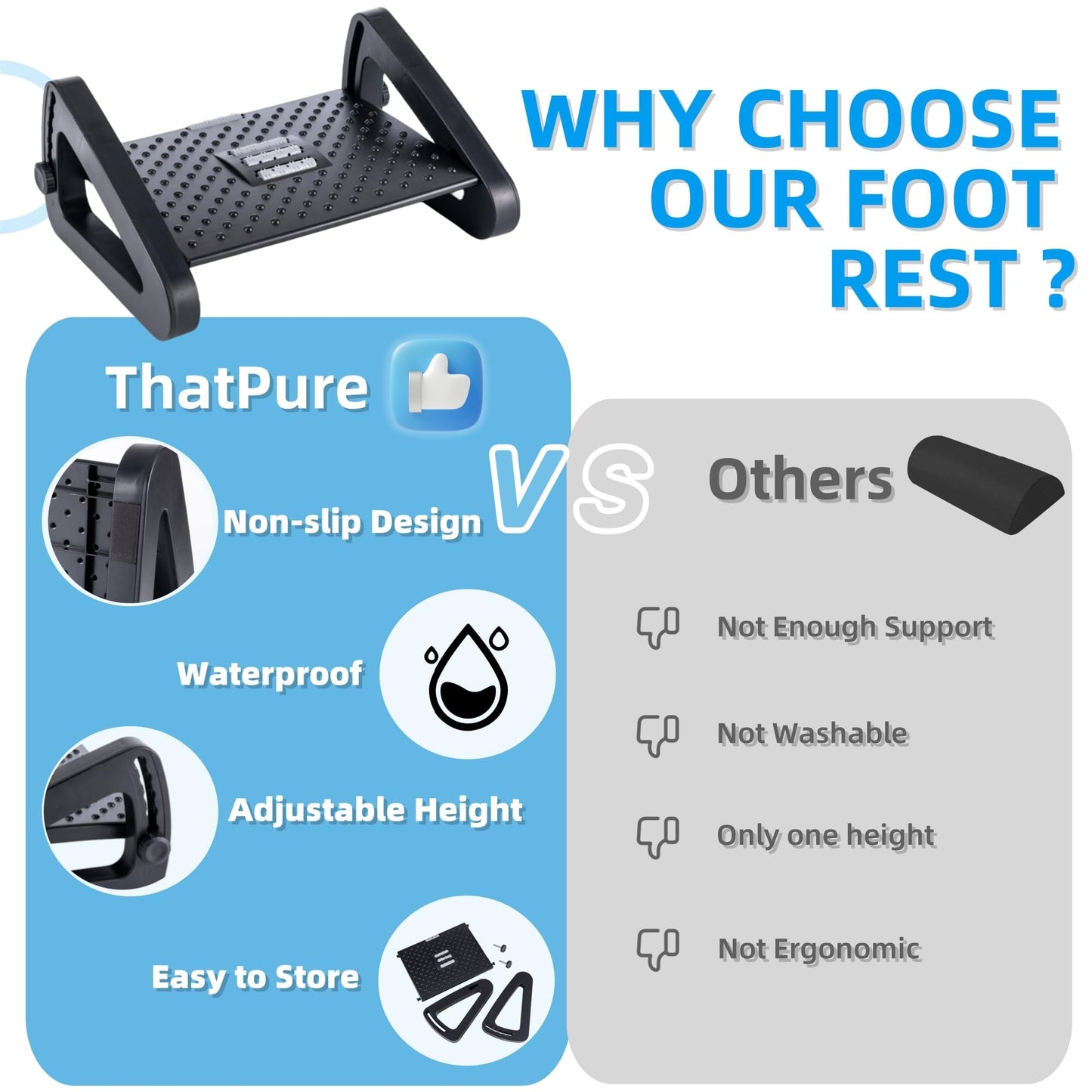 Adjustable Desk Foot Rest with Massage Function, 6 Height Ergonomic Foot Stool Under Desk Footrest for Home Office Travel Use