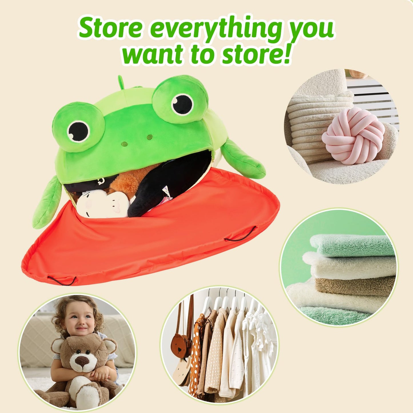 OUOZZZ Storage Bean Bag Chair Kids Green Frog Beanbag Chair for Girls Boys Toy Organizer Cover Only Without Filling