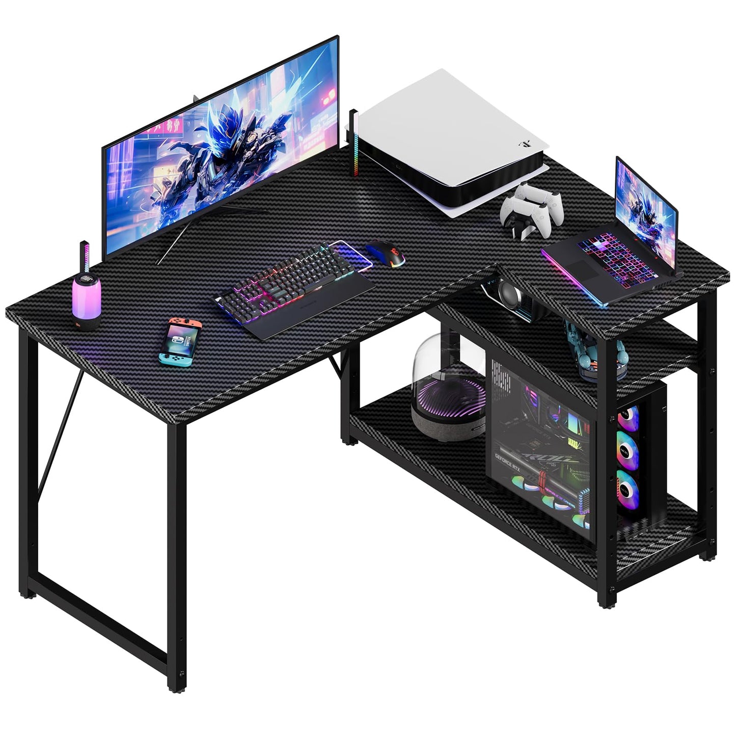 JUMMICO Small L Shaped Desk 100x80cm with Storage, Corner Computer Desk with Reversible Shelf, Sturdy Office Desk & Workstations for Home Office