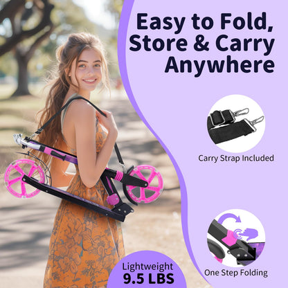 BELEEV V8 Scooters for Kids Ages 6+ with Light-Up Wheel & Stem & Deck, 2 Wheel Folding Scooter for Adults Teens, 4 Adjustable Height, Lightweight
