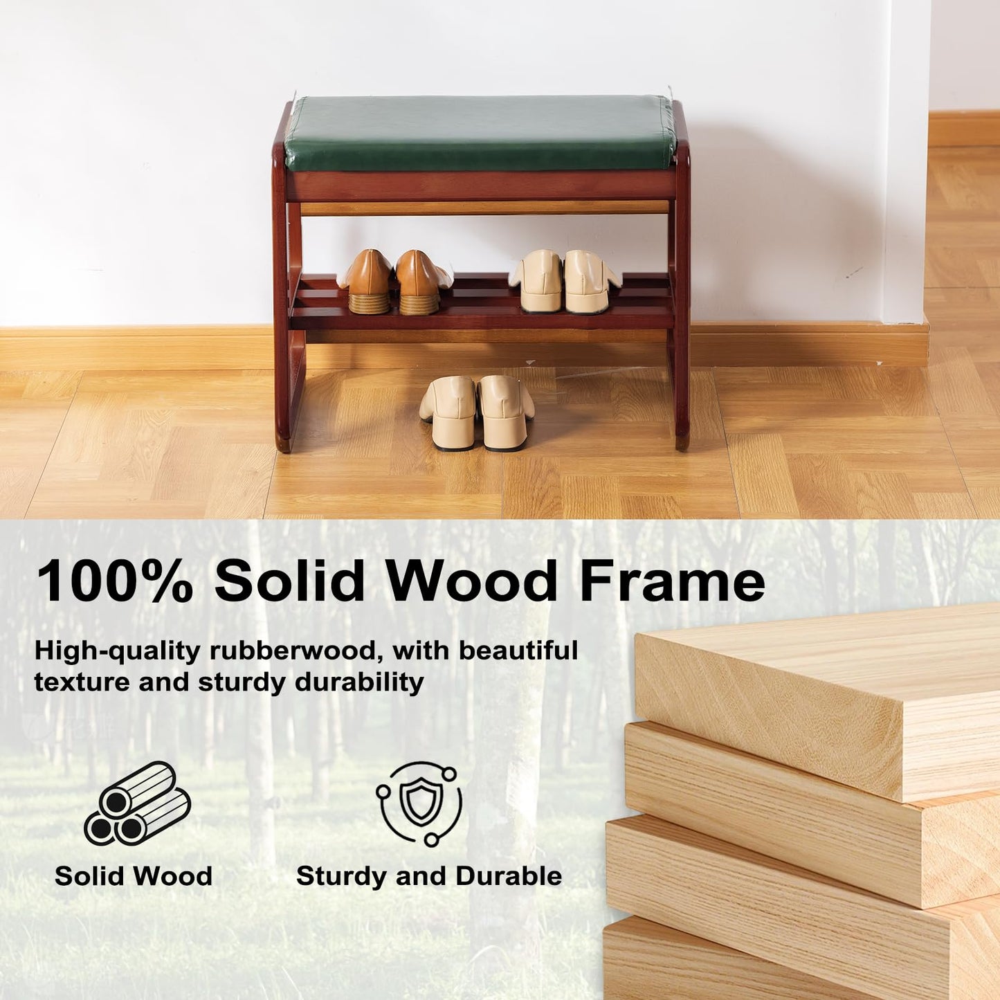 SOBIBO Solid Wood Shoe Bench, 2-Tier Wooden Storage Entryway Bench, Mid-Century Modern Shoe Bench Rack