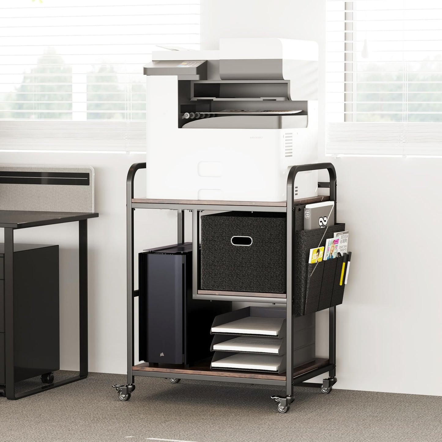 SIWUTIAO Large Mobile Printer Stand with Storage Drawer – Industrial Printer Cart with Lockable Wheels, Multi-Tier Table for Scanner, PC Tower