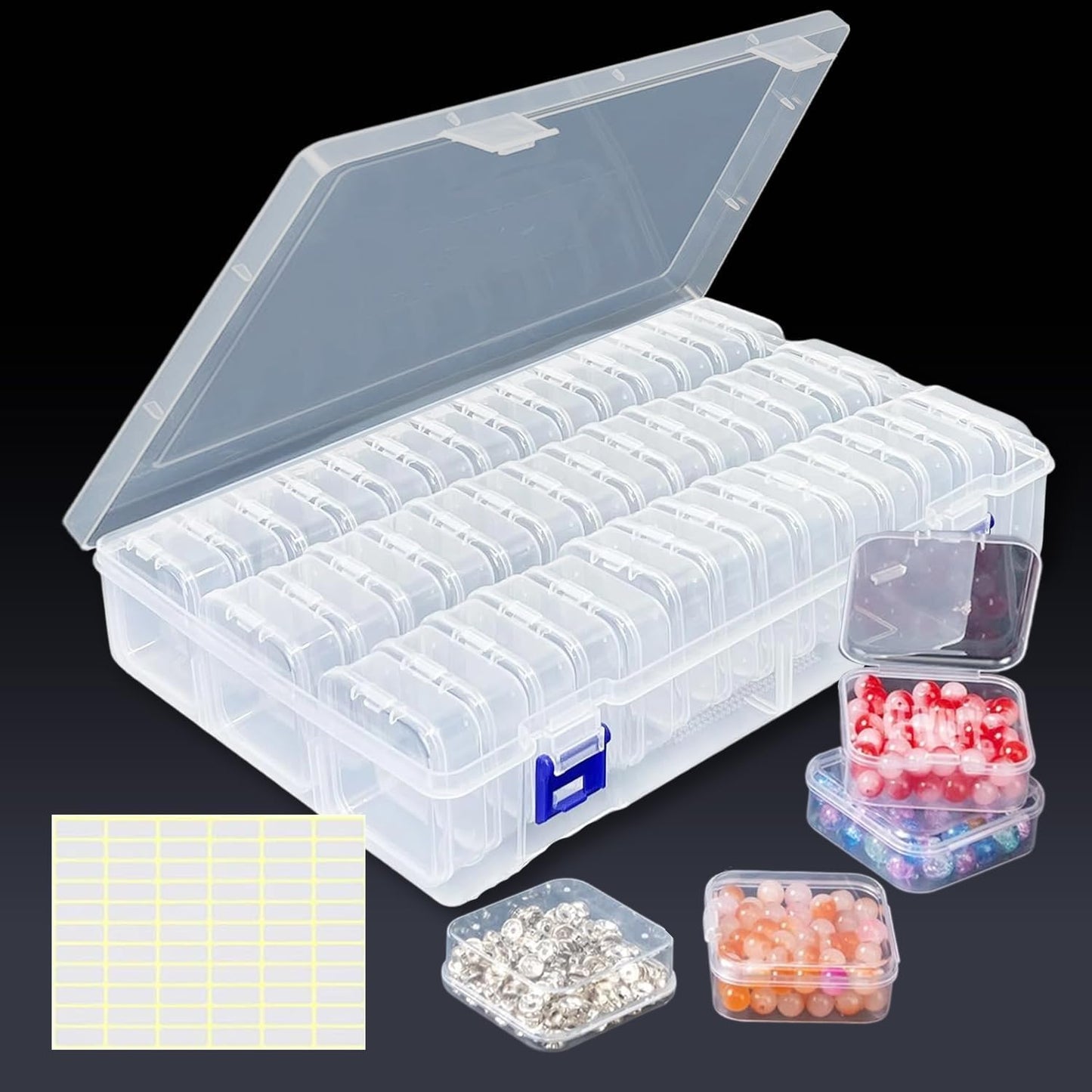 MIRLITICA Bead Organiser Storage Box 45 Pcs with Large Outer Box & 66 Labels – Clear Bead Storage Containers for Diamond Painting, Jewelry Making