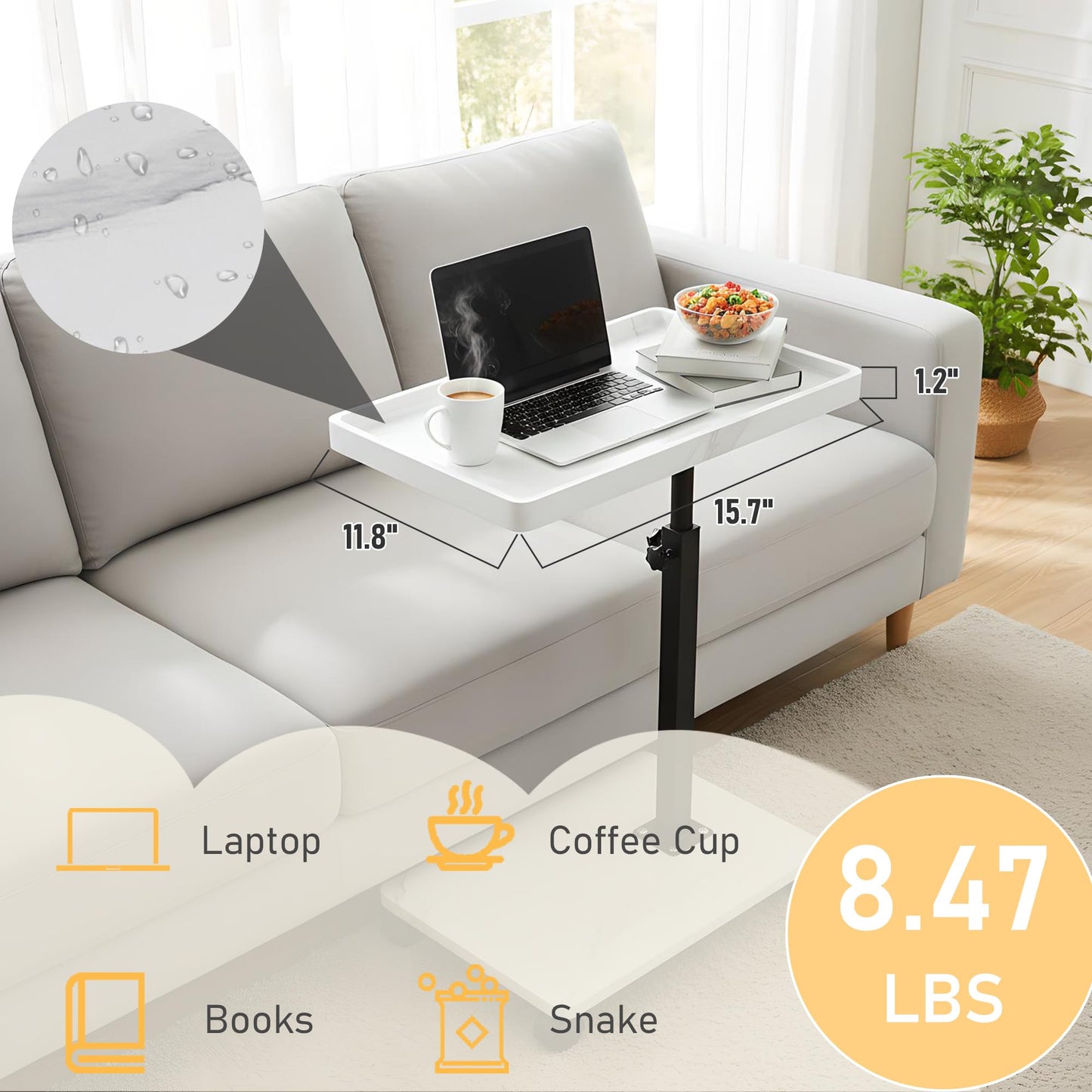YYW C Shaped Side Table, Height Adjustable Bedside Table with Wheels, 360°Swivel Sofa End Tables, Wooden Coffee End Table for living Room Bedroom