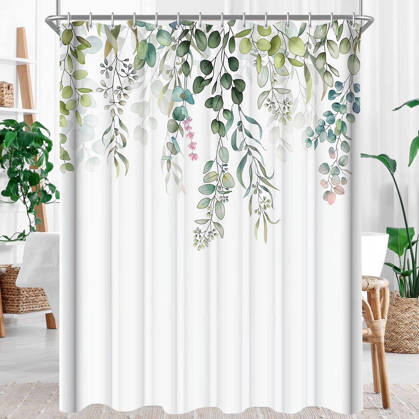 Lerores shower curtain 180x180cm (70x70 inch) Green Leaves Pattern, Weighted Hem Anti-Mold Textile, Water-Repellent