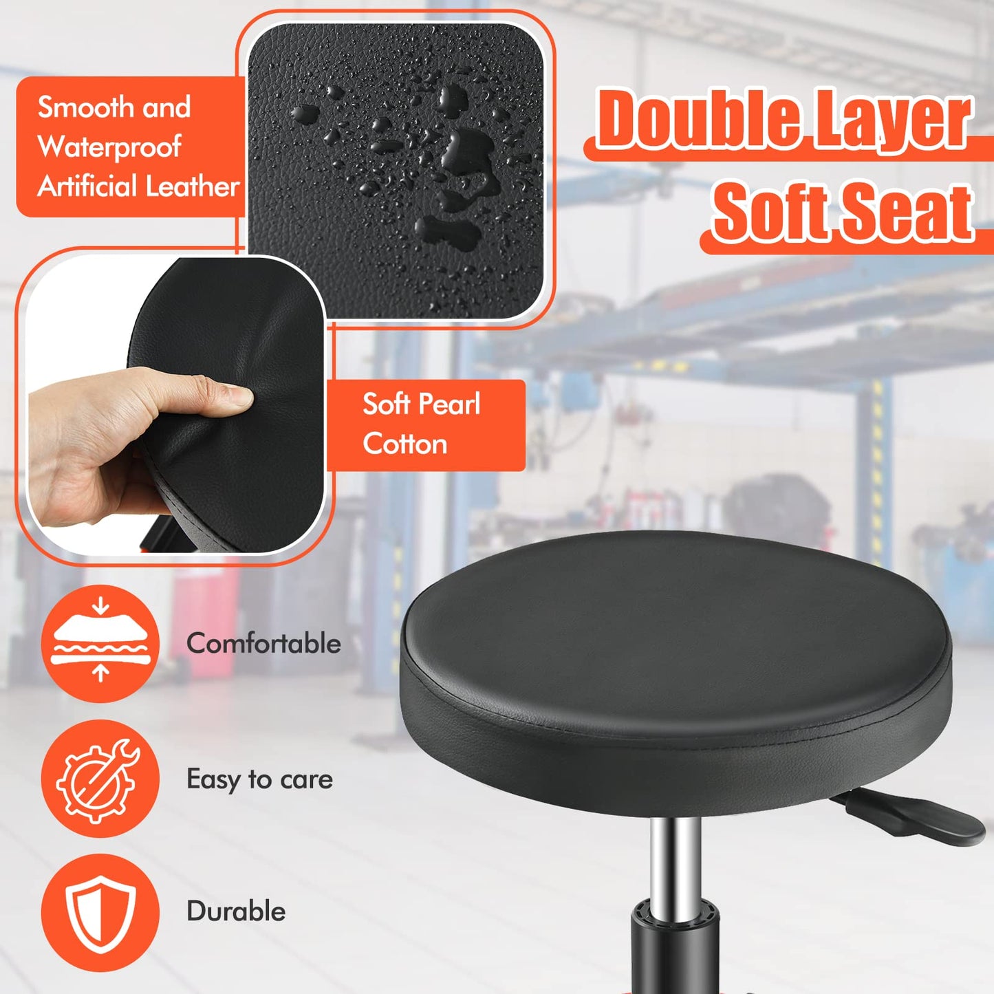 GiantexUK Pneumatic Rolling Mechanic Stool, Adjustable Roller Seat with Removable Tool Tray and 4 Universal Casters