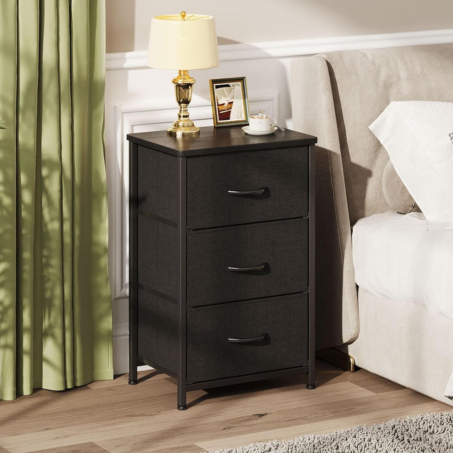 VERMESS Bedroom Chest of Drawers, 3 Fabric Drawer Dresser, Bedside Table, Small End Table for Living Room, Wooden Cabinet Bedside