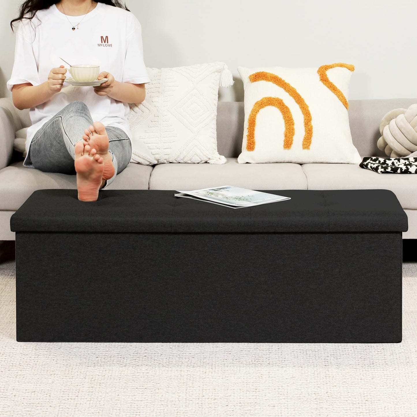 Bonlife 110cm Extra Large Ottoman Storage Box with Lid,Black Folding Toy Chest Boxes Bedroom End of Bed Storage Bench Footstools for Living Room