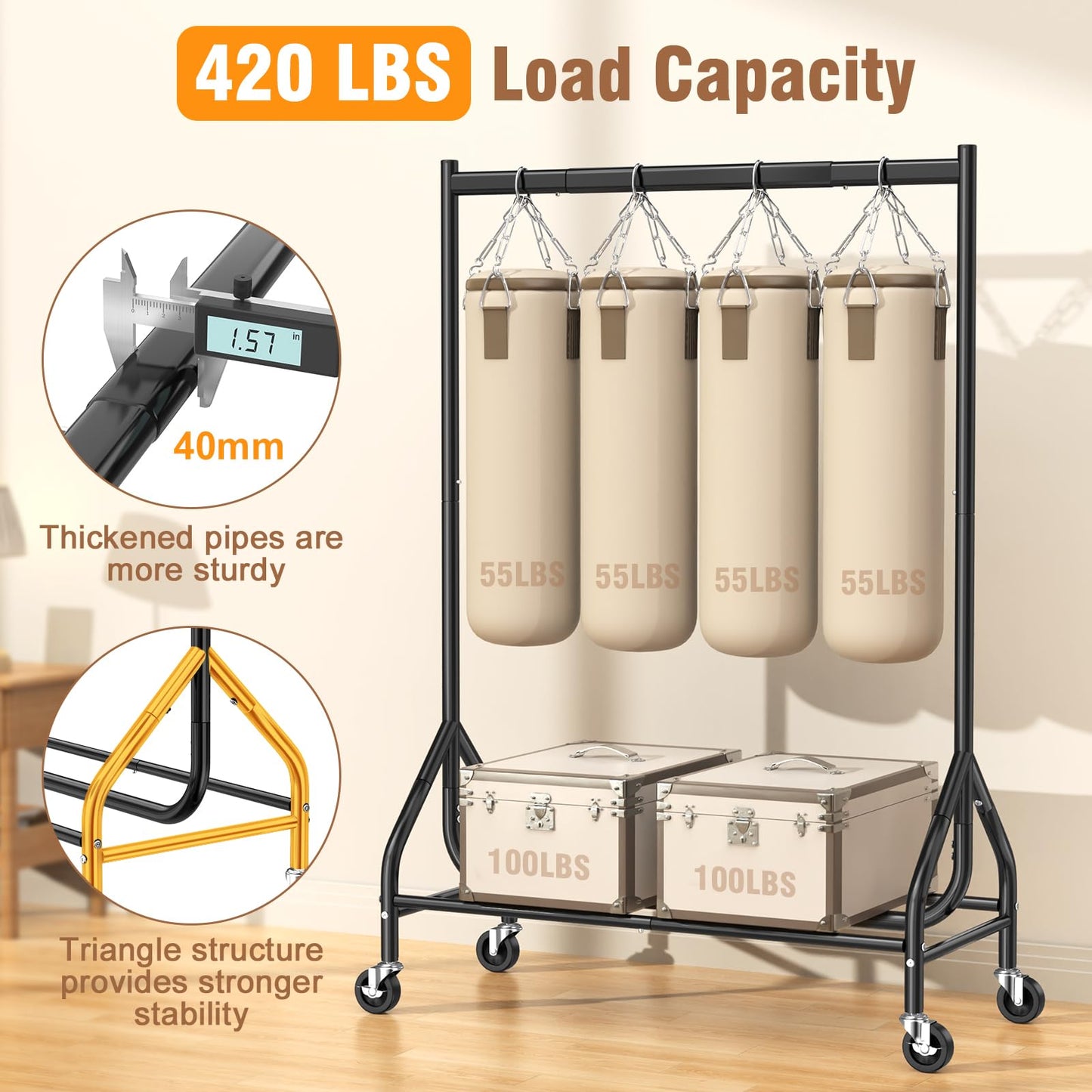 EAGMAK Heavy Duty Rolling Clothes Rail Load 180 KG (Black, 110×48×160 cm)
