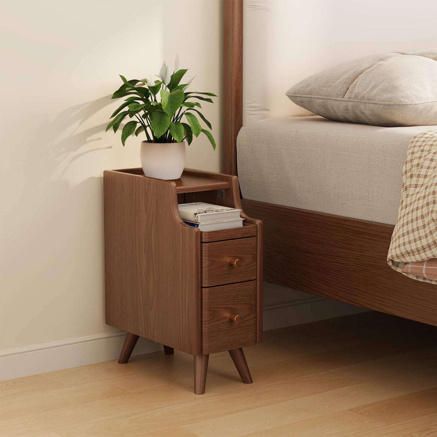 AQIMUELE Small Bedside Table, Narrow Bedside Cabinet with 2 Drawers, Slim Bedside Table for Bedroom, 20cm (Walnut)