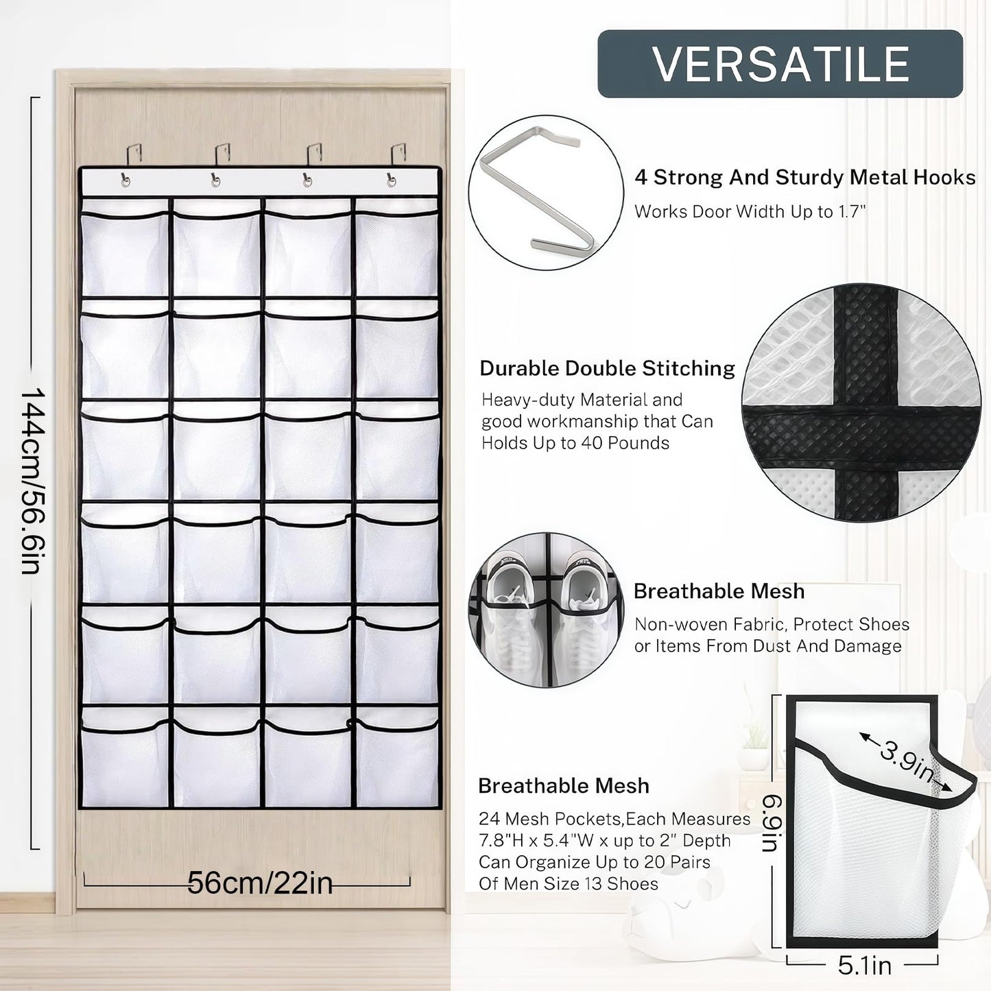 SOPSTUO Hanging Shoe Storage, Over Door Shoe Storage, Door Shoe Rack, 24 Breathable Mesh Huge Pockets