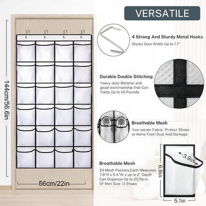 SOPSTUO Hanging Shoe Storage, Over Door Shoe Storage, Door Shoe Rack, 24 Breathable Mesh Huge Pockets
