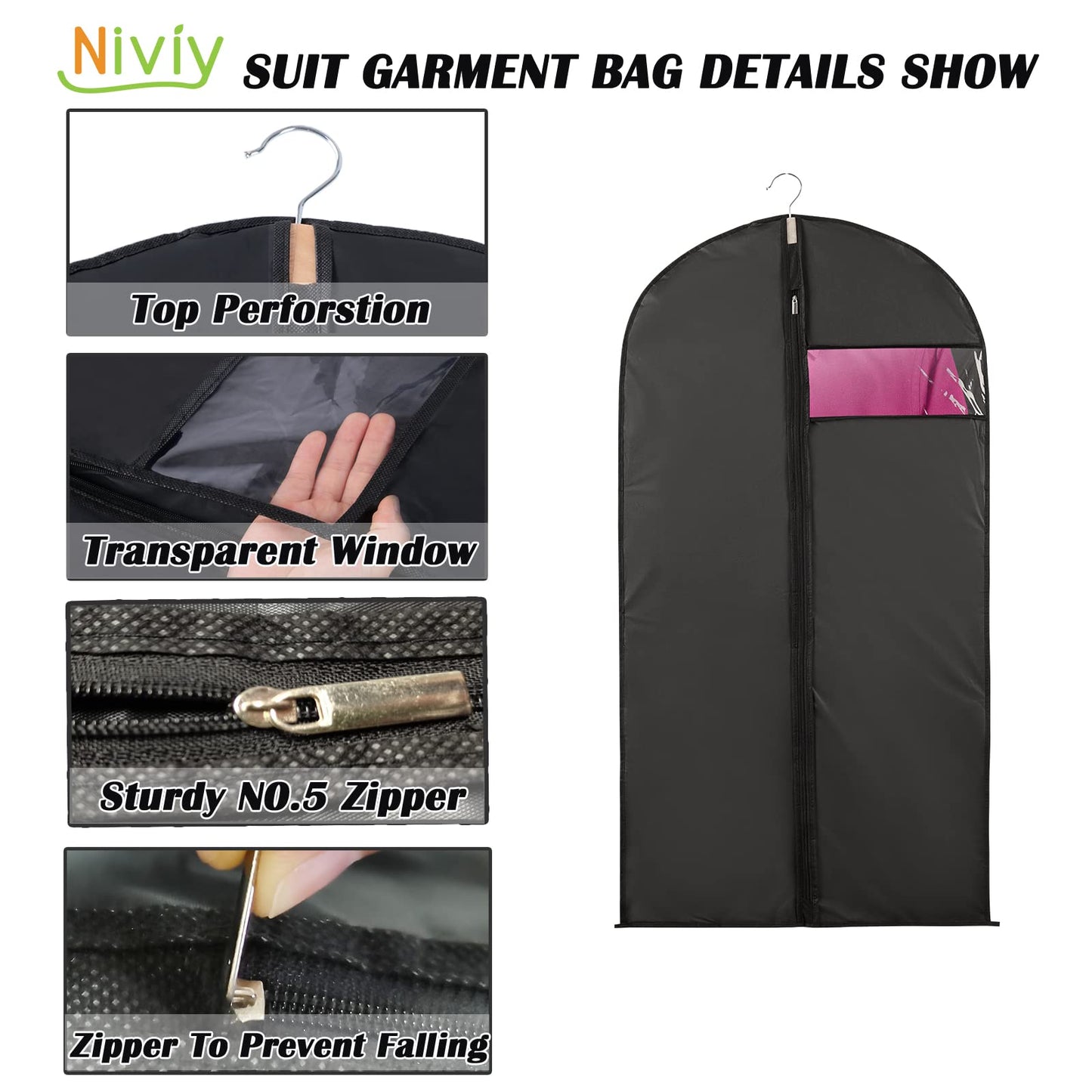 Niviy Suit Bags 60 x 100 cm, Black Garment Covers with Zip & Clear Window