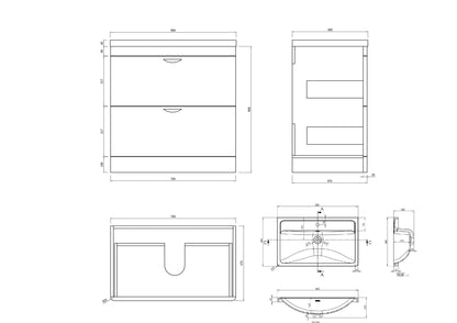 Cyrenne High Gloss Anthracite Grey Floor Standing Vanity Basin Storage Unit Cabinet & Polymarble Soft Edges Sink - 800mm