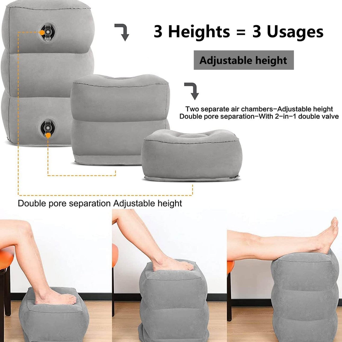 Inflatable Foot Rest Pillow, Airplane Travel Pillow, Multifunctional Adjustable 3 Layers Height Foot Rest