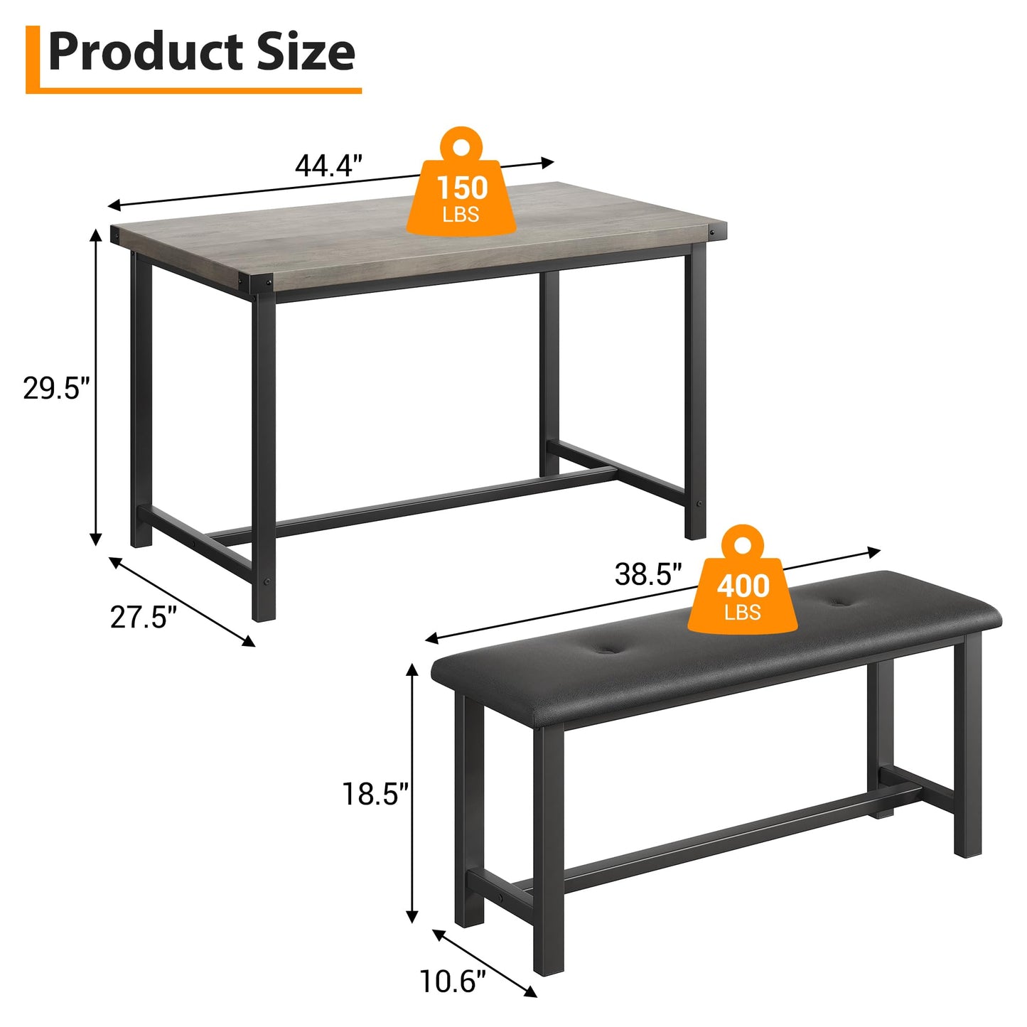 GarveeHome Dining Table with 2 Benches, 3 Piece Kitchen Table Set, Space Saving Dining Room Furniture, Metal Frame