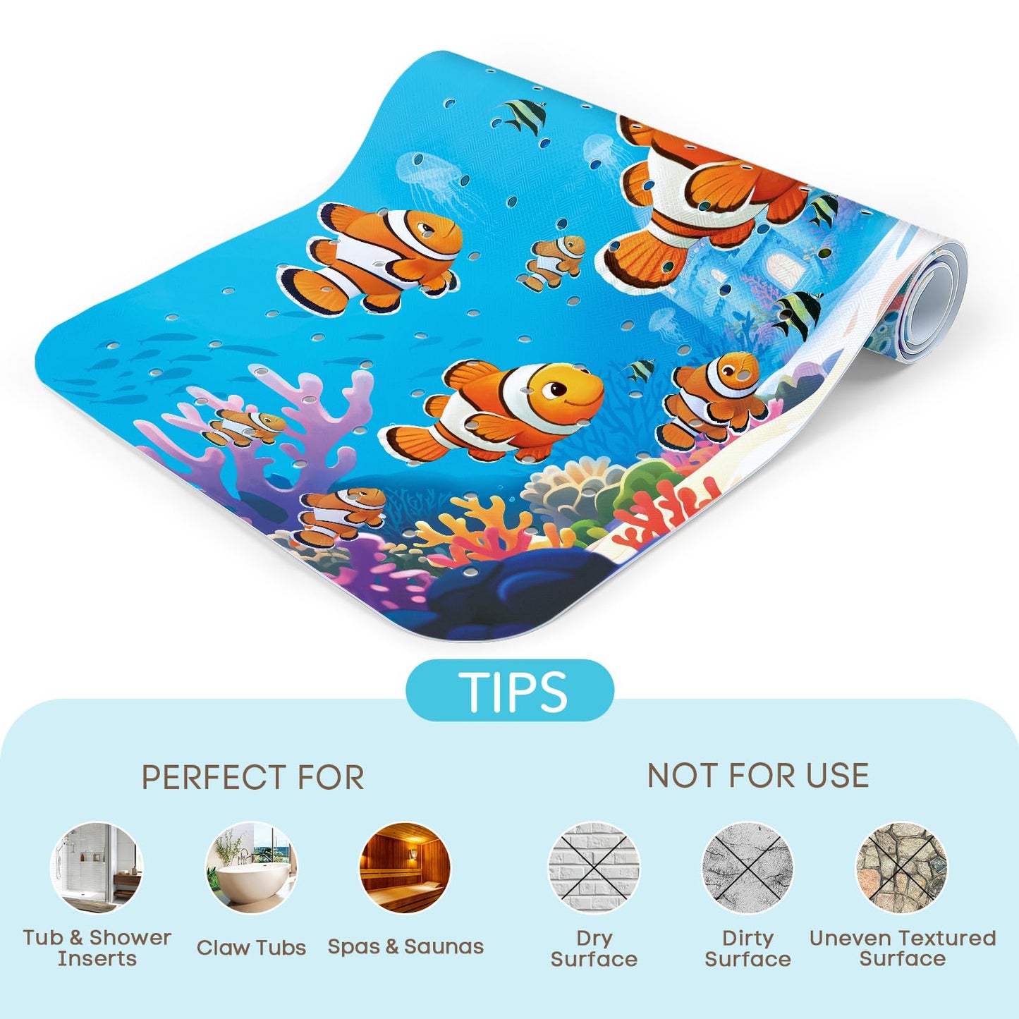 SHUCHING Cartoon Clownfish Bath Mat Non Slip Kids, 100 X 40 cm Extra Long Baby Bathtub Mat Anti Slip