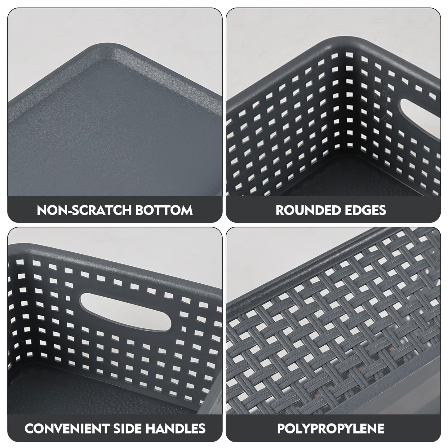 Bringer 6 Pack Plastic Woven Storage Basket with Lid, Stackable Lidded Storage Bins for Bathroom Kitchen Pantry Classroom, Grey