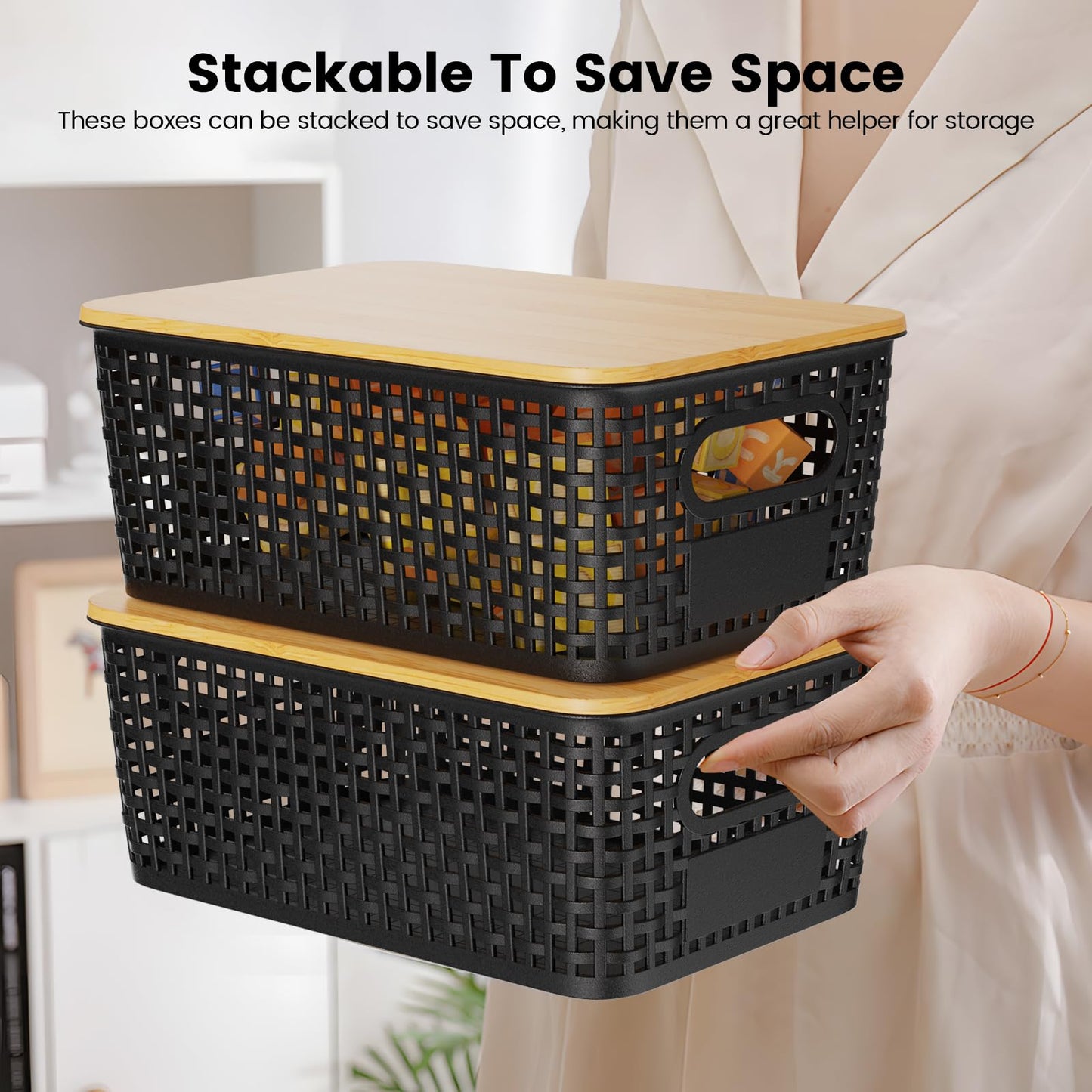 Shrivee Set of 6 Storage Boxes with Bamboo Lids, Bathroom, Kitchen Storage Boxes for Shelves, Cupboards, Cabinets and Home (Black, Set of 6 5 Litres)