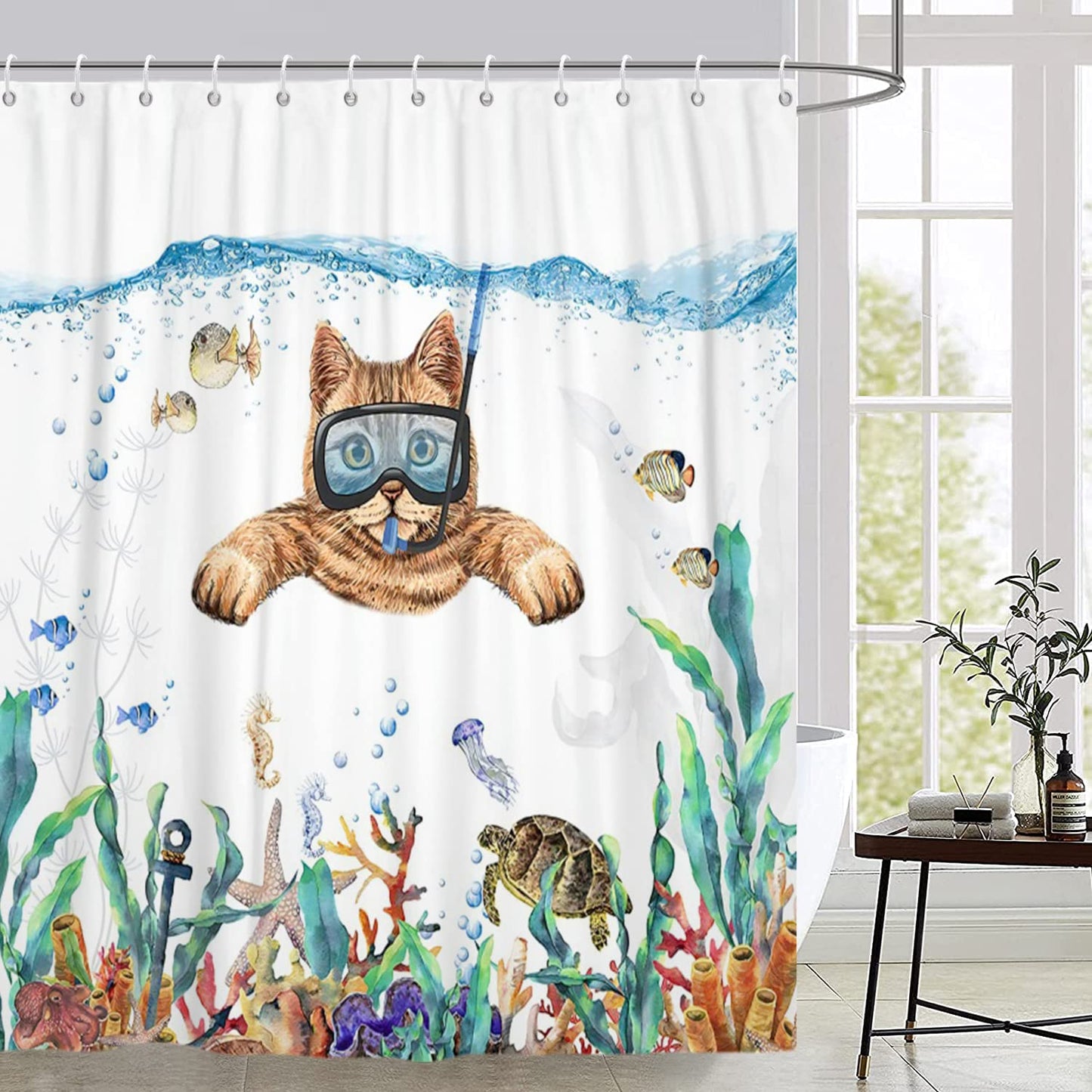 GCIREC Shower Curtain, 180x180cm, Abstract Cute Cat Funny Kitten Diving in Ocean Tropical Sea Turtle Starfish Waterproof Fabric Machine Washable
