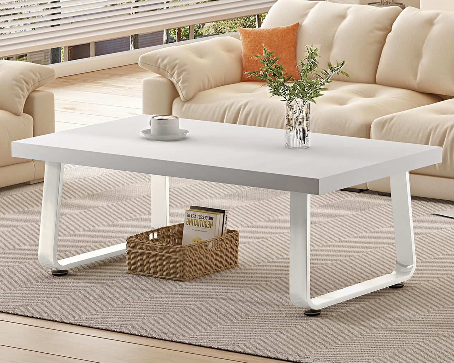 HSH White Oak Coffee Table, 60D×120W×46.5H cm, Rustic Industrial Wooden Coffee Table for Living Room Bedroom Office