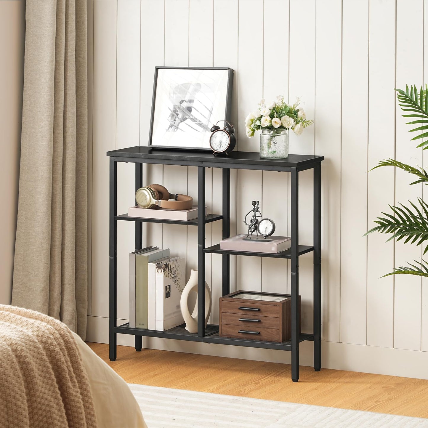 HOOBRO Console Table, Narrow Console Table, Slim Sofa Table with 4-Tier Storage Shelves, Industrial Hallway Table with Metal Mesh Shelf, for Hallway