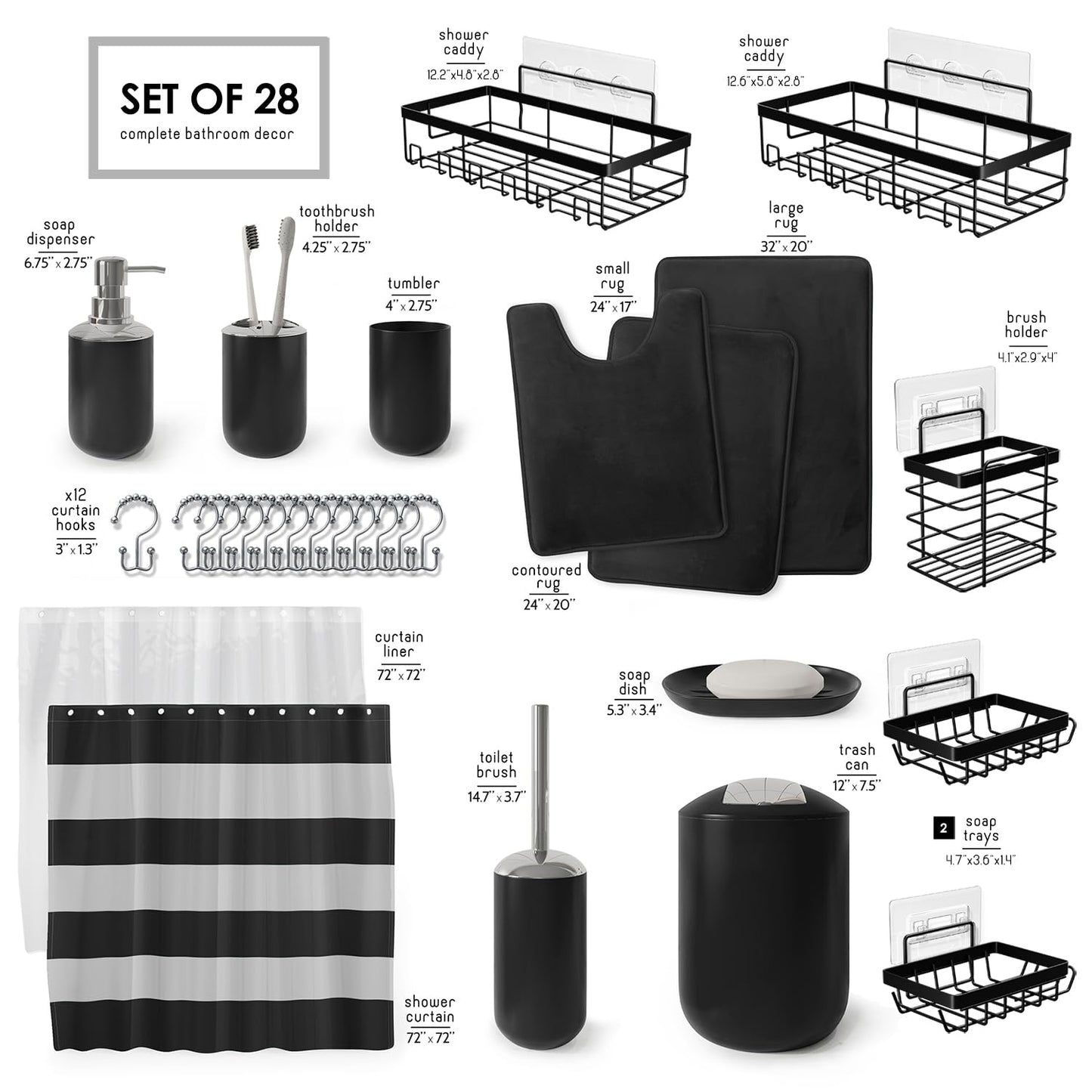 Clara Clark Bathroom Set - 28PC Bathroom Set with Adhesive Corner Shower Caddy Hanging, Bathroom Sets with Shower Curtain and Rugs