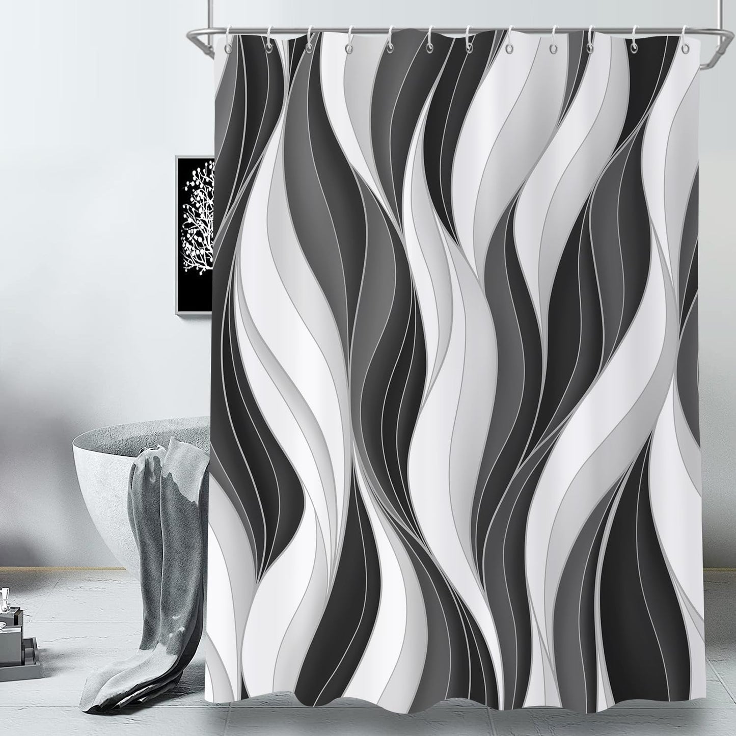 GCIREC Shower Curtain, 180x200cm, Modern Abstract White Black Grey Ombre Striped Minimalist Art Waterproof Fabric Machine Washable Bathroom Curtain