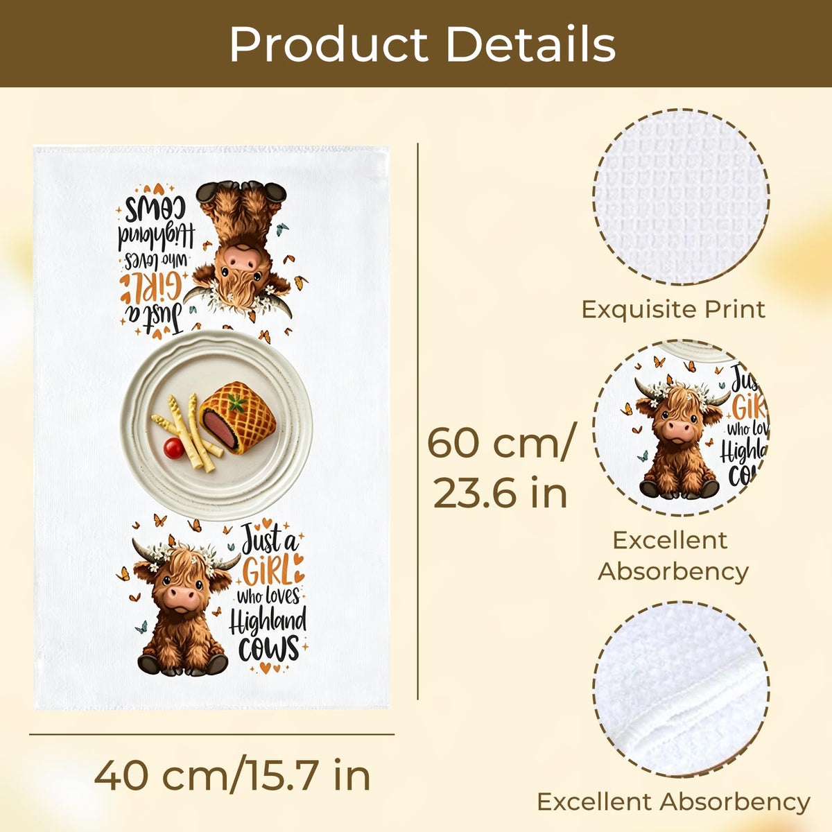 Nodrex 2 Pcs Highland Cow Tea Towel, Tea Towels for Kitchen, Soft Kitchen Towels Microfiber Dish Towels for Hand Drying Cleaning