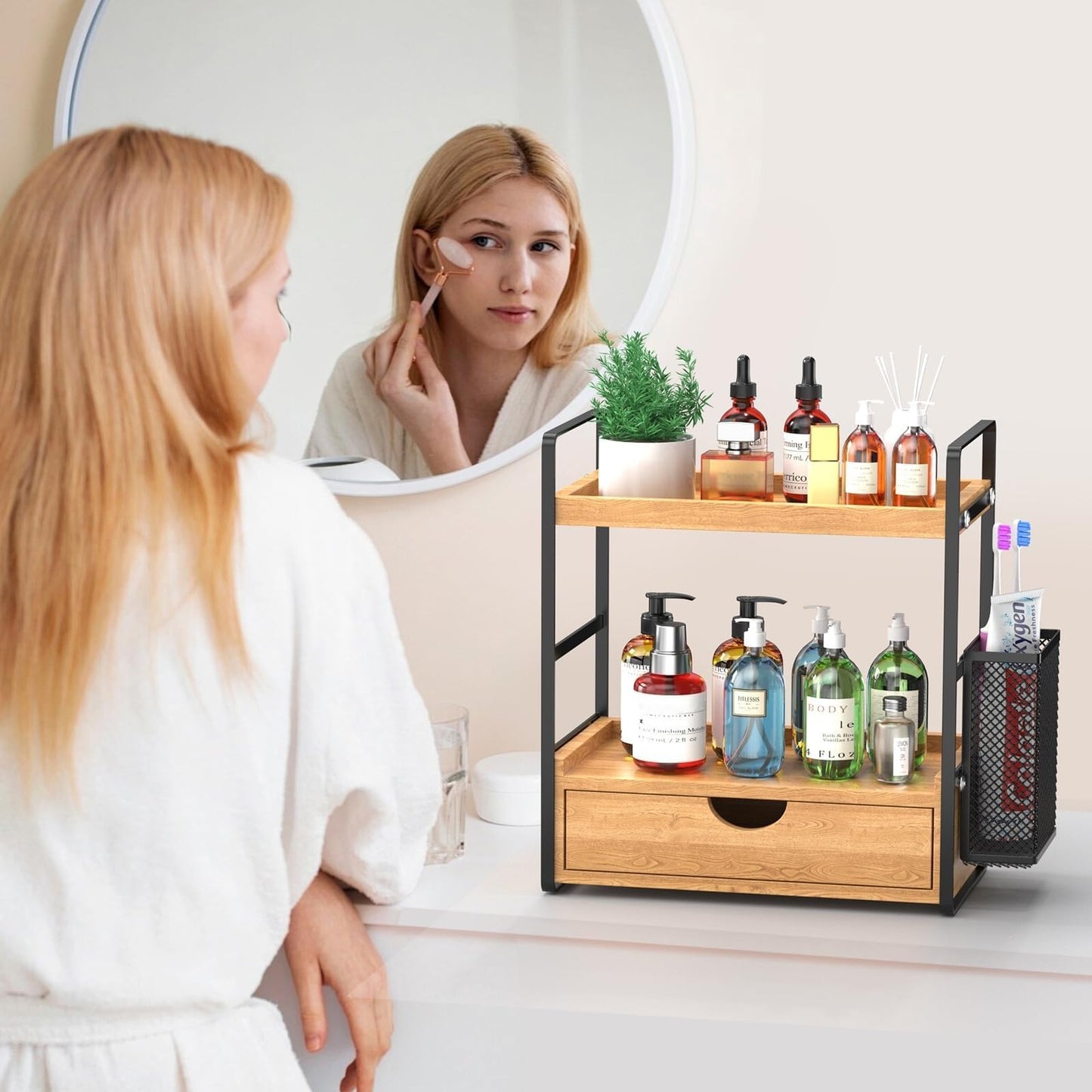 LEMIKKLE Skincare Perfume Organiser for Vanity, Bathroom Organiser Countertop, coffee station,Spice Rack 2-Tier Wood kitchen storage And organisation
