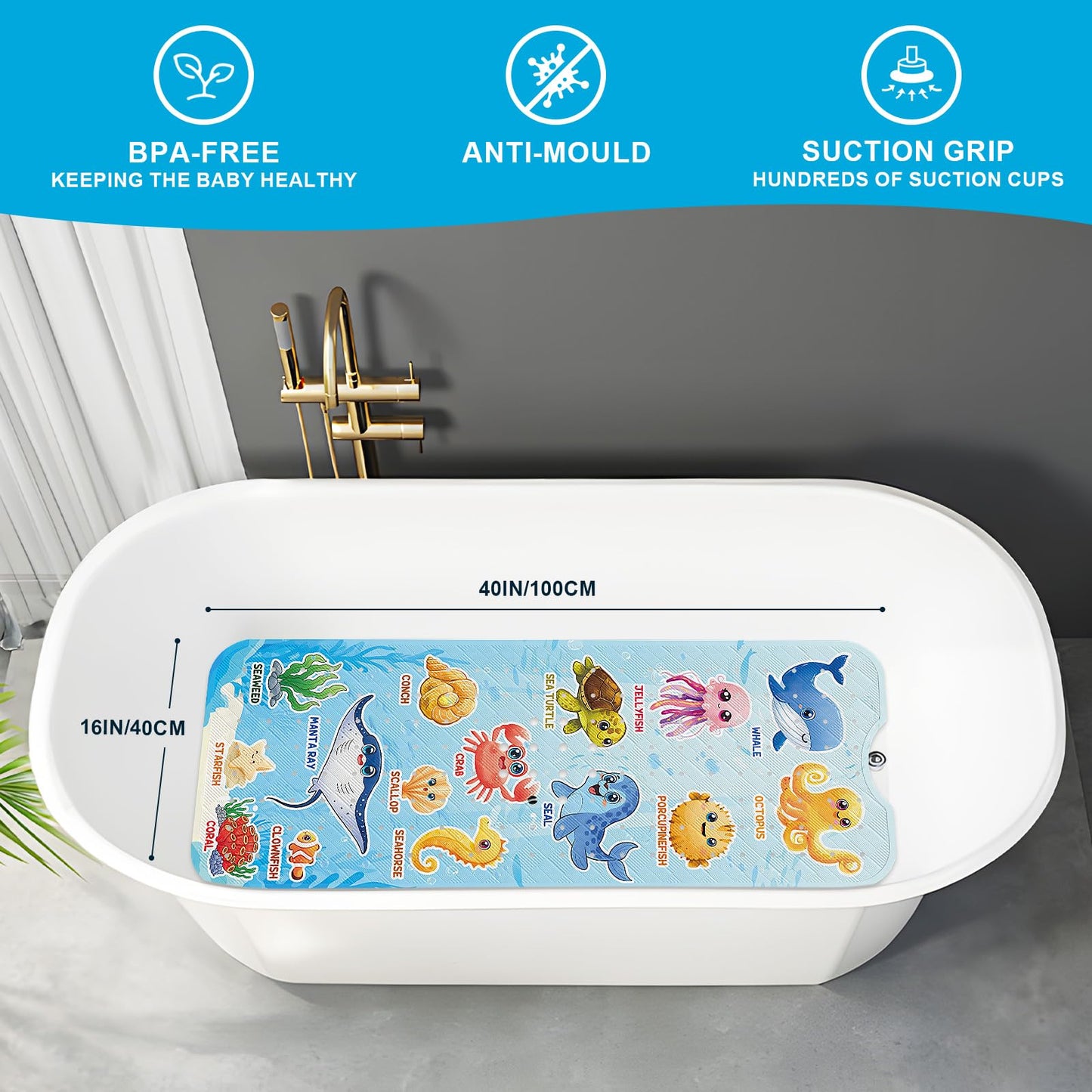 XIYUNTE Baby Bath Mat Non Slip Anti Mould Kids - 100x40cm Extra Long Anti Slip Bathtub Mat Machine Washable
